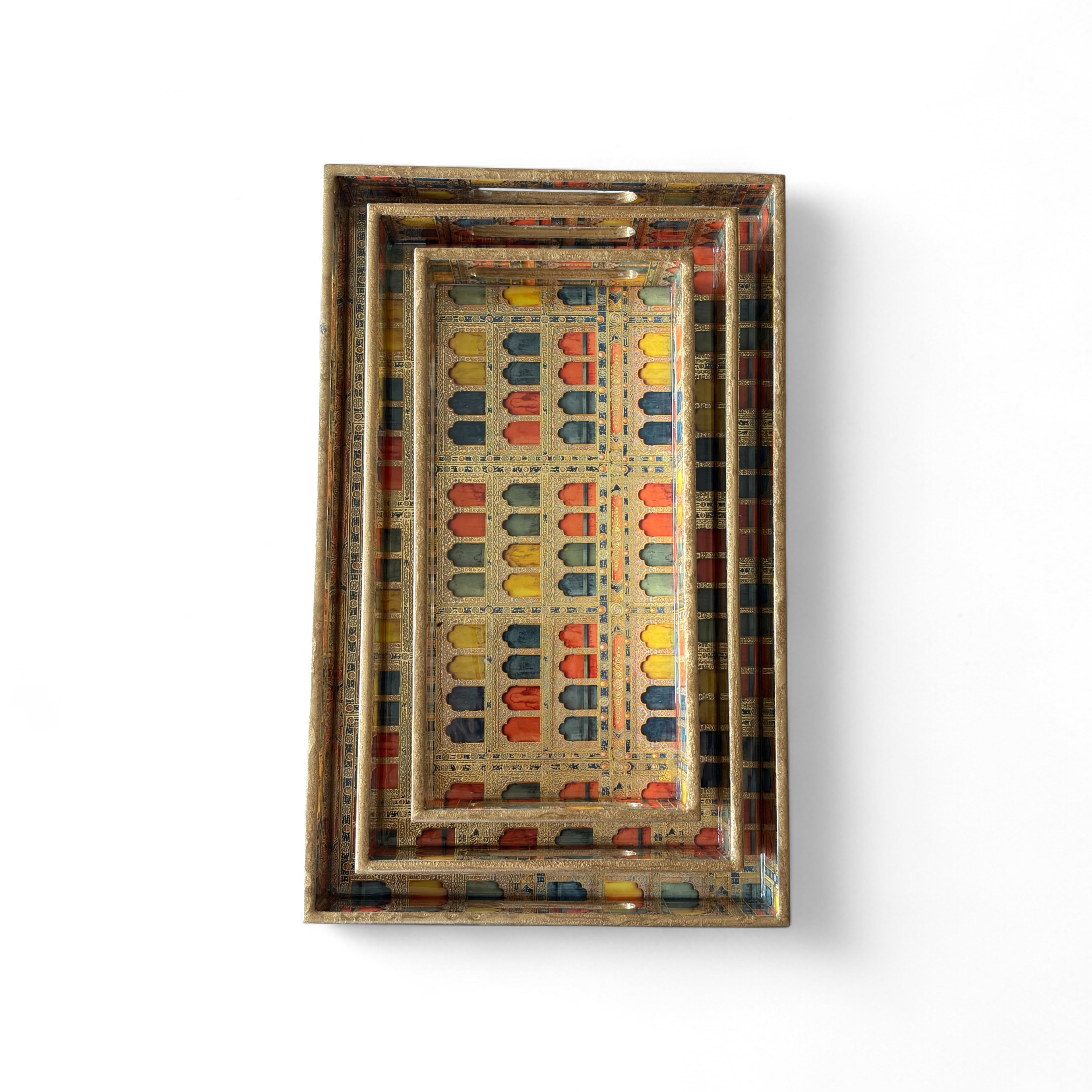 Royal Haveli Window Tray Set, Mediterranean Pattern, 3 Trays, 40x25x5 cm, Wooden Tea and Snacks Organizer, Large, Medium and Small Tray Set