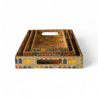 Royal Haveli Window Tray Set, Mediterranean Pattern, 3 Trays, 40x25x5 cm, Wooden Tea and Snacks Organizer, Large, Medium and Small Tray Set