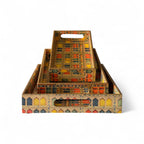 Royal Haveli Window Tray Set, Mediterranean Pattern, 3 Trays, 40x25x5 cm, Wooden Tea and Snacks Organizer, Large, Medium and Small Tray Set