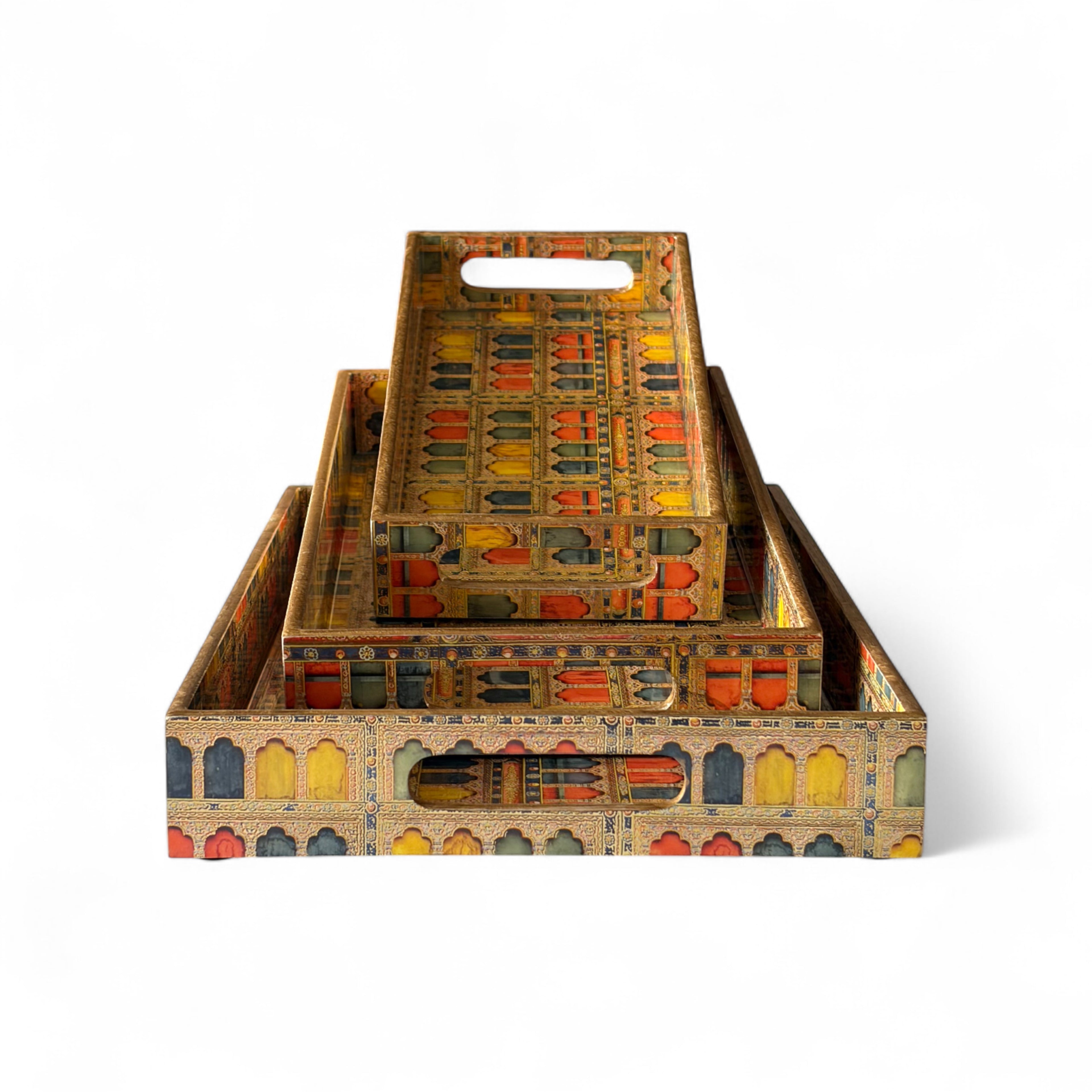 Royal Haveli Window Tray Set, Mediterranean Pattern, 3 Trays, 40x25x5 cm, Wooden Tea and Snacks Organizer, Large, Medium and Small Tray Set