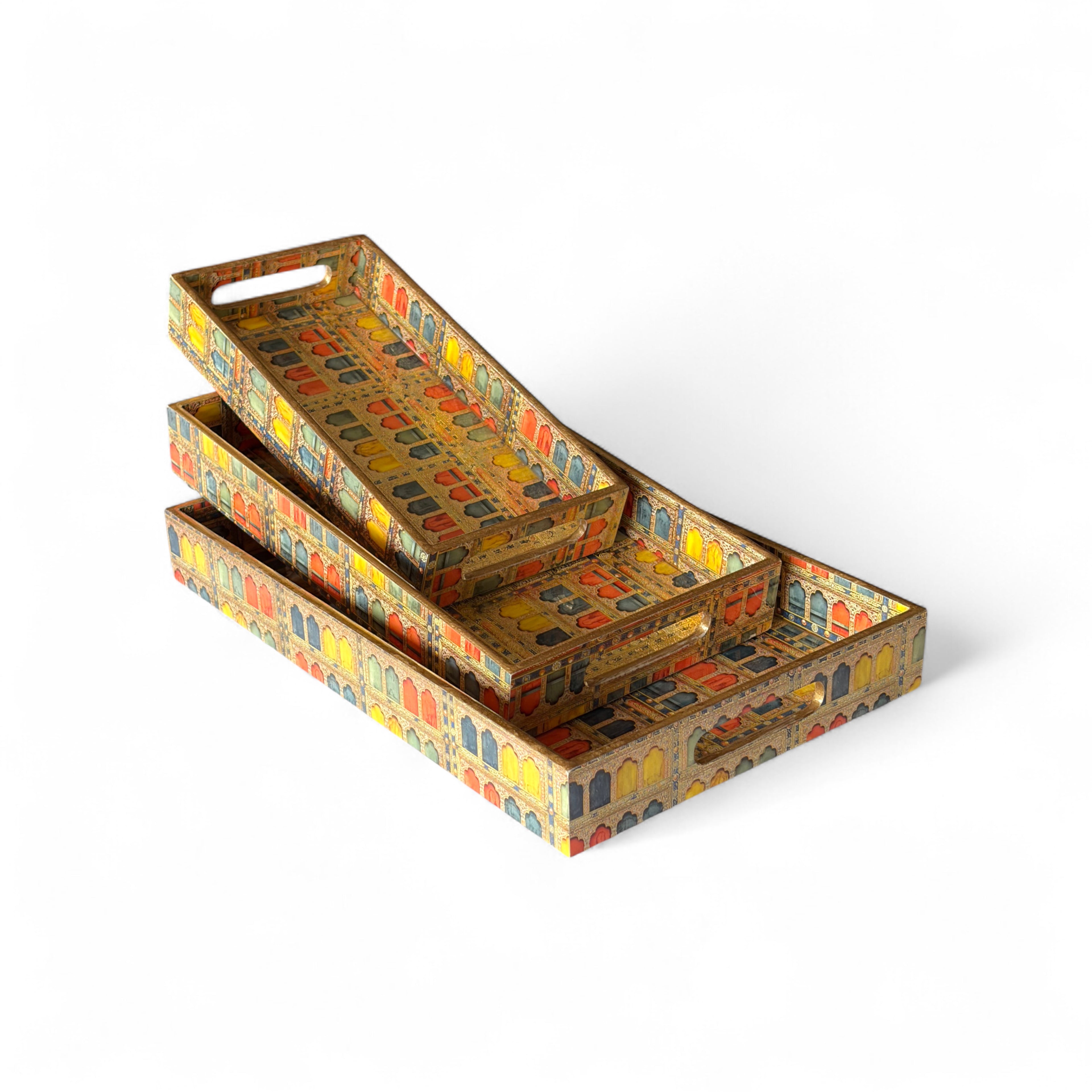 Royal Haveli Window Tray Set, Mediterranean Pattern, 3 Trays, 40x25x5 cm, Wooden Tea and Snacks Organizer, Large, Medium and Small Tray Set