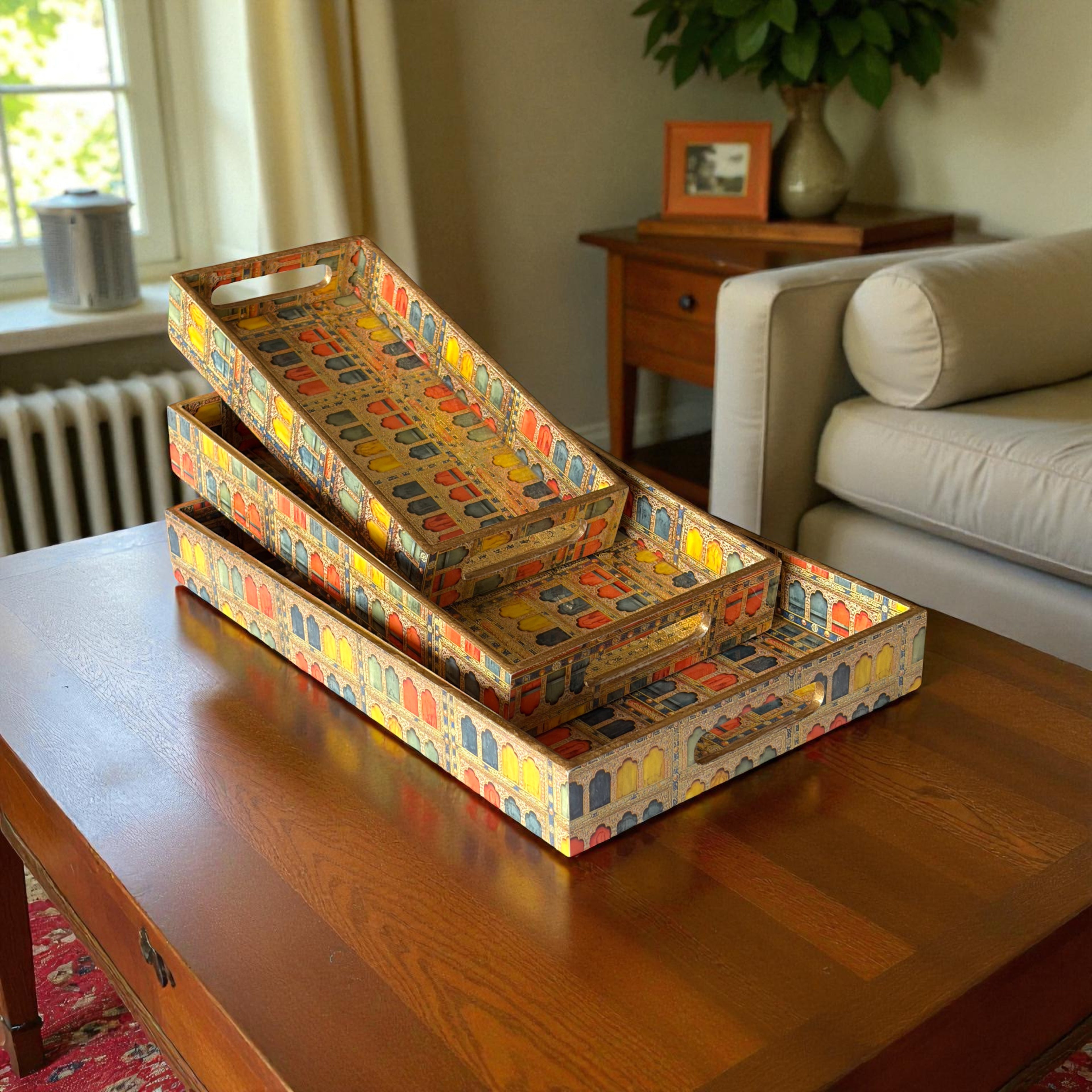 Royal Haveli Window Tray Set, Mediterranean Pattern, 3 Trays, 40x25x5 cm, Wooden Tea and Snacks Organizer, Large, Medium and Small Tray Set