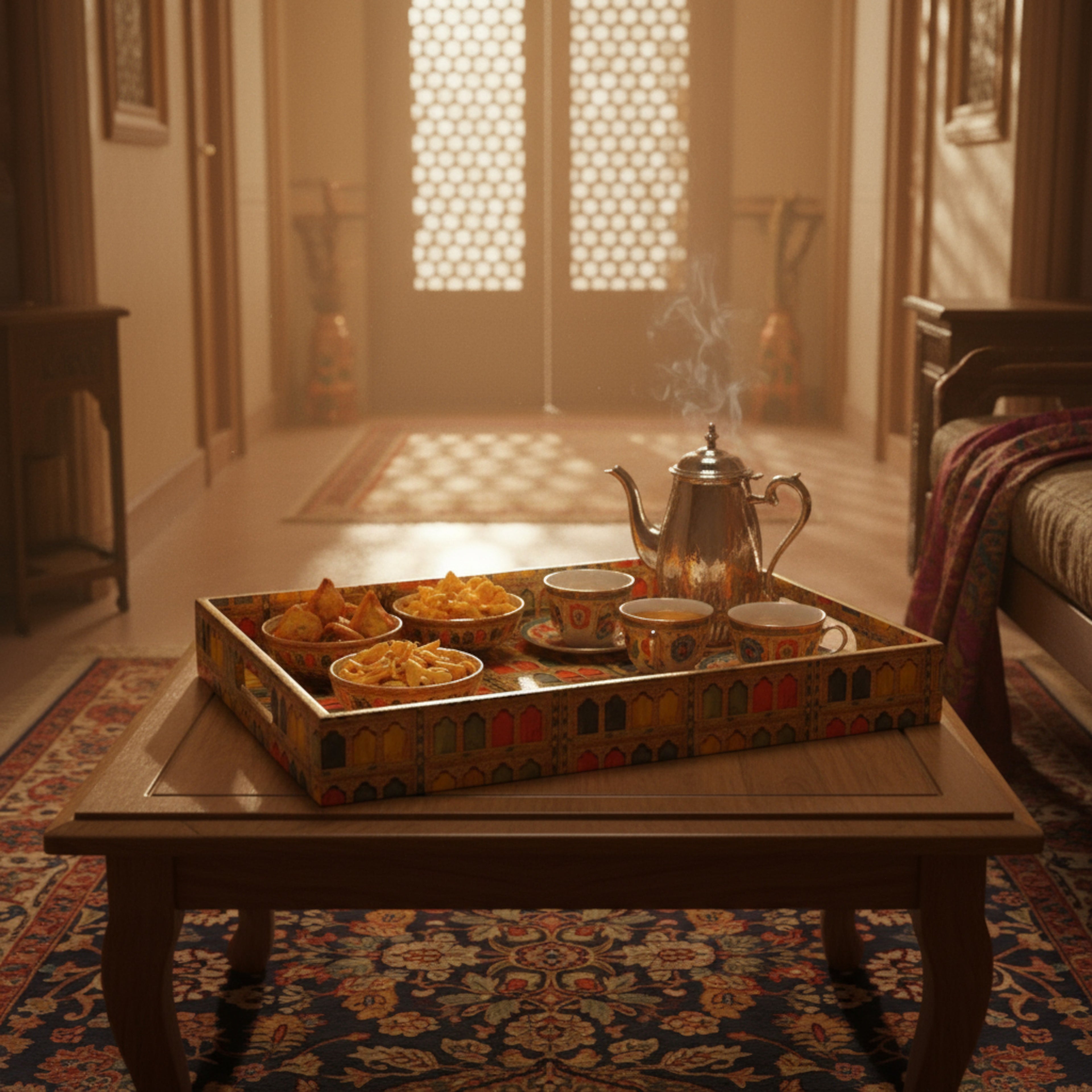 Royal Haveli Window Tray Set, Mediterranean Pattern, 3 Trays, 40x25x5 cm, Wooden Tea and Snacks Organizer, Large, Medium and Small Tray Set