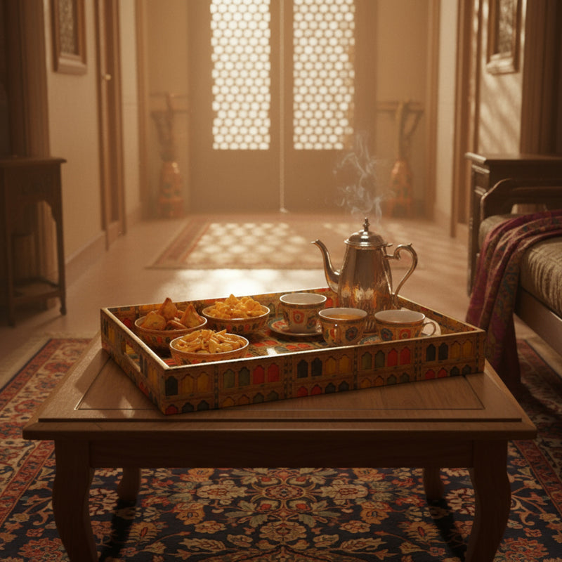 Royal Haveli Window Tray Set, Mediterranean Pattern, 3 Trays, 40x25x5 cm, Wooden Tea and Snacks Organizer, Large, Medium and Small Tray Set