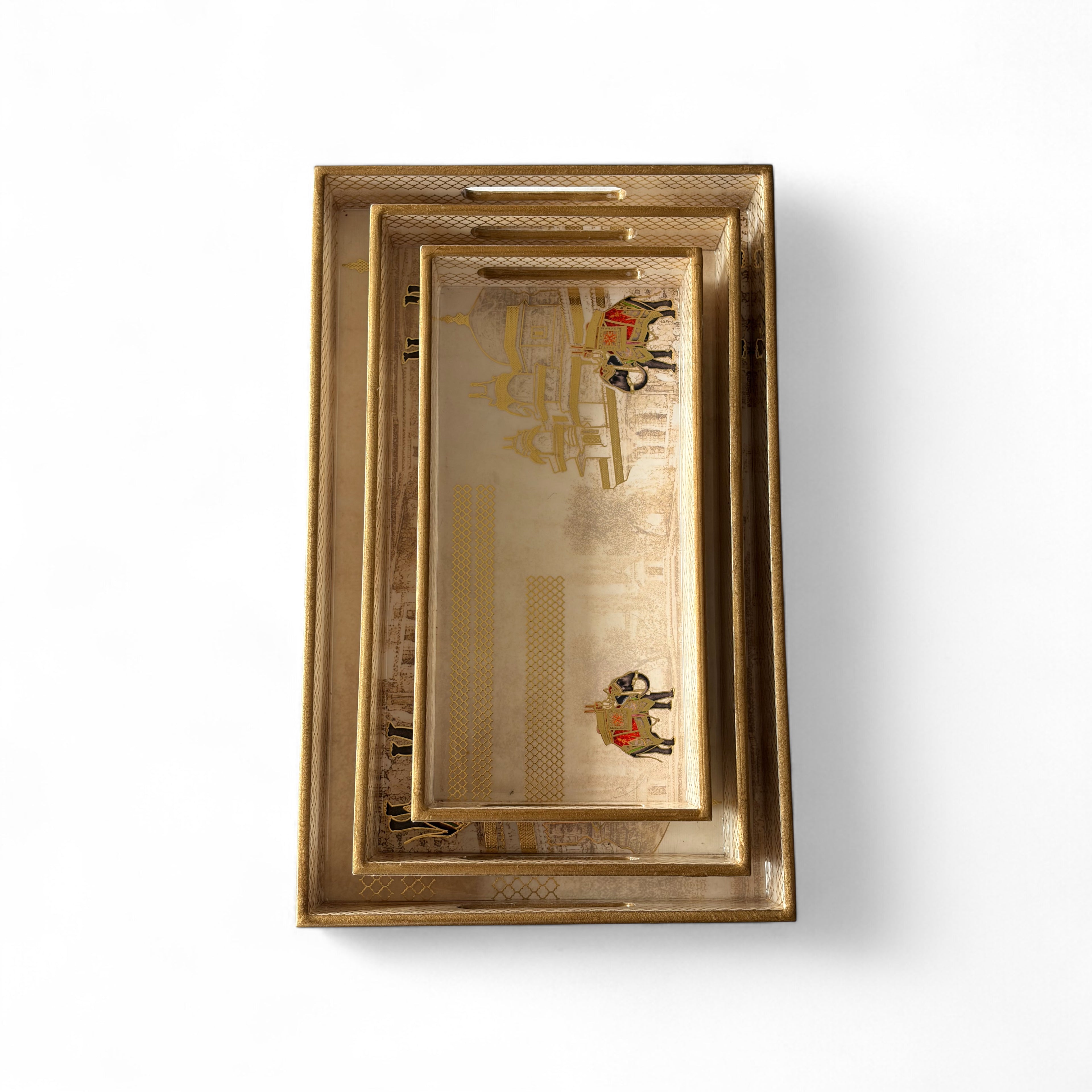 Royal Caravan Palace Tray Set, 40x25x5 cm, Elegant Pattern for Tea Coffee Snacks, 3-Piece Collection