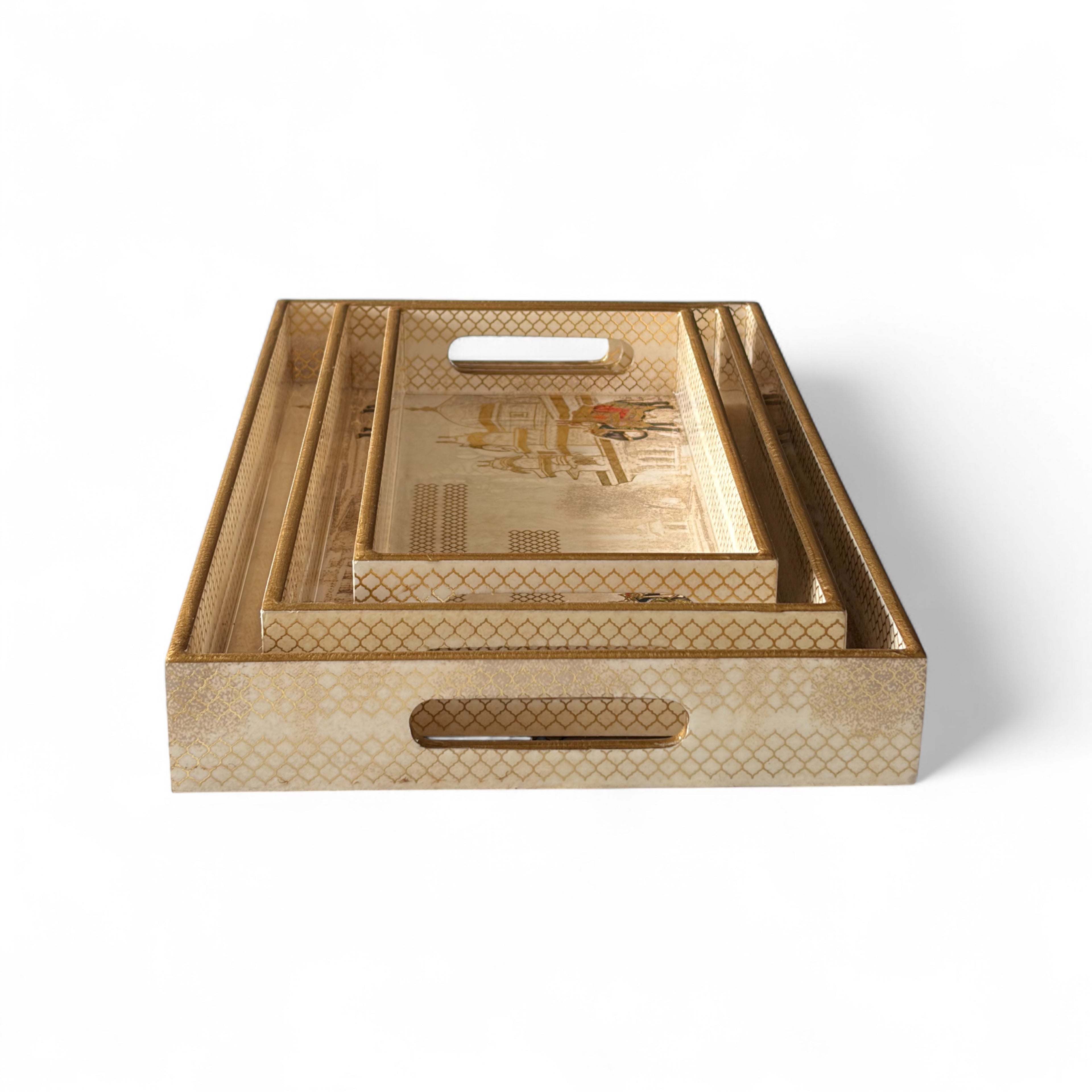 Royal Caravan Palace Tray Set, 40x25x5 cm, Elegant Pattern for Tea Coffee Snacks, 3-Piece Collection