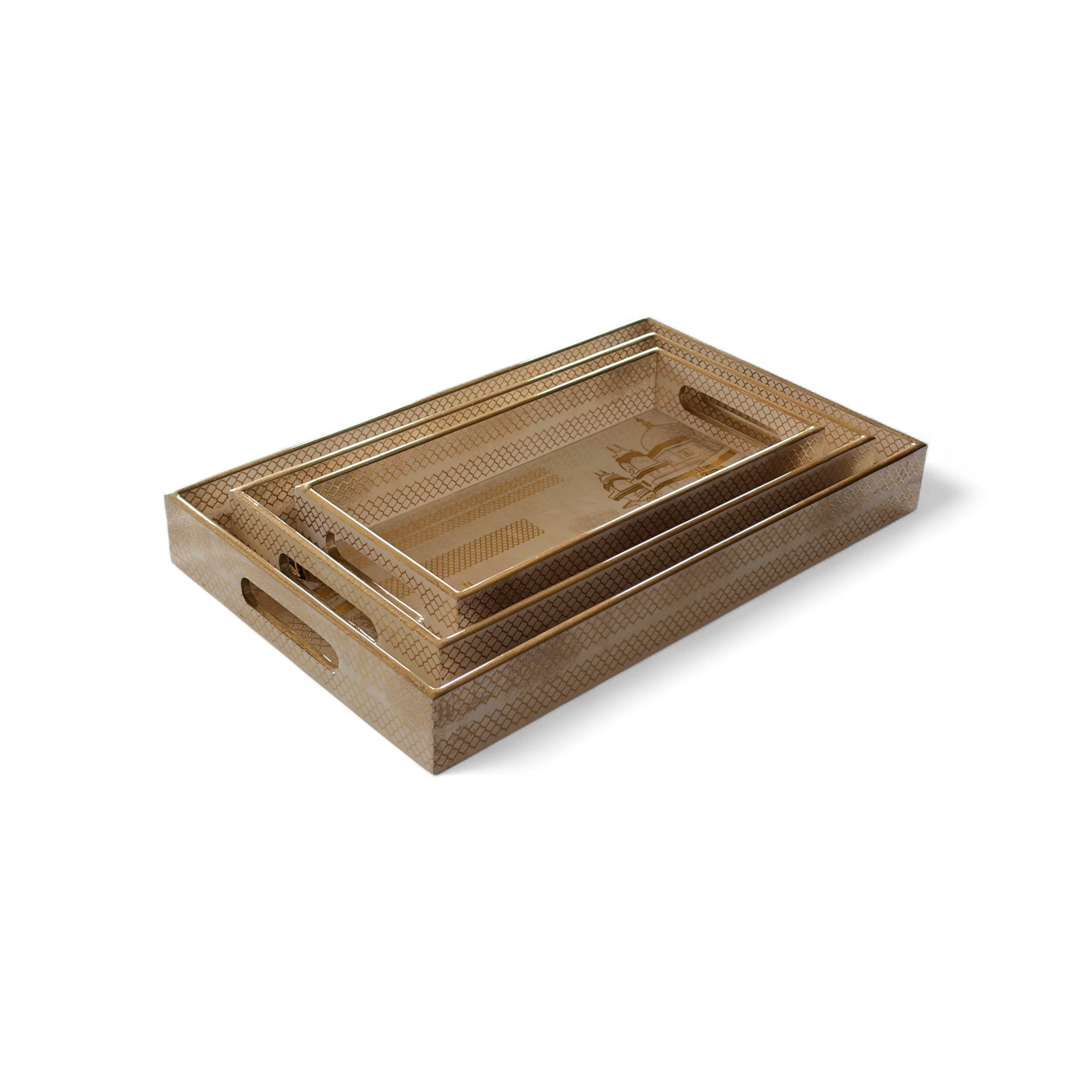 Royal Caravan Palace Tray Set, 40x25x5 cm, Elegant Pattern for Tea Coffee Snacks, 3-Piece Collection