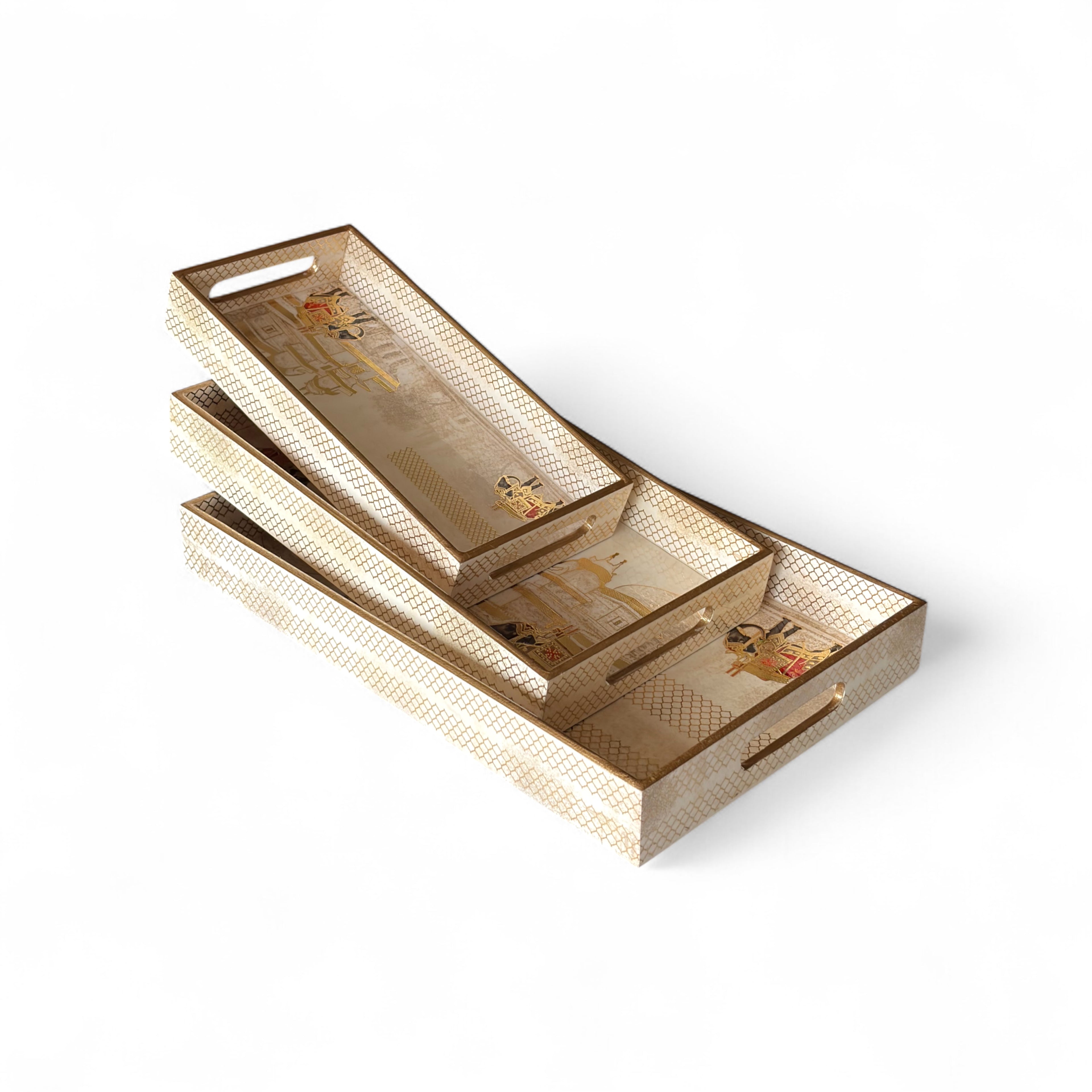 Royal Caravan Palace Tray Set, 40x25x5 cm, Elegant Pattern for Tea Coffee Snacks, 3-Piece Collection