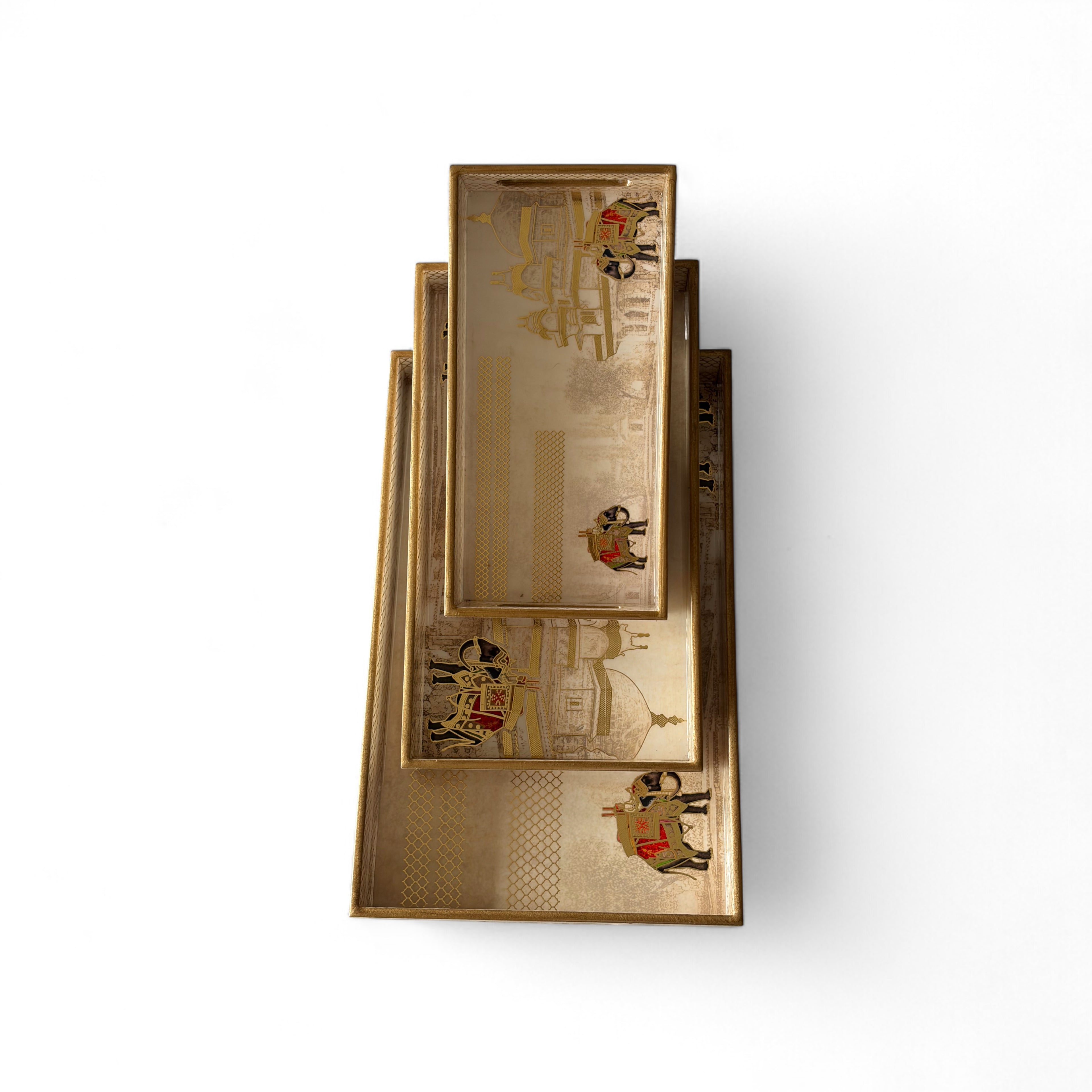 Royal Caravan Palace Tray Set, 40x25x5 cm, Elegant Pattern for Tea Coffee Snacks, 3-Piece Collection