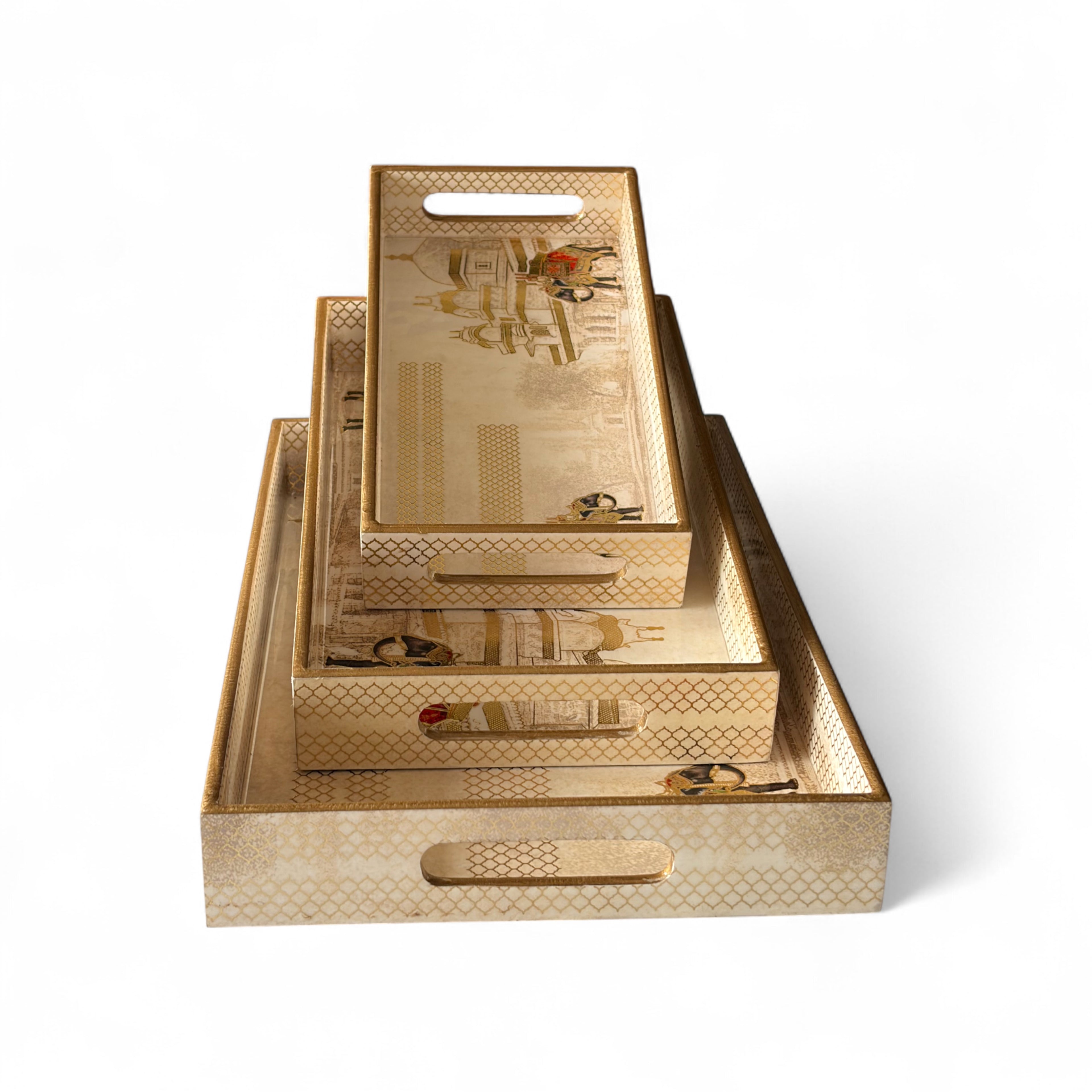 Royal Caravan Palace Tray Set, 40x25x5 cm, Elegant Pattern for Tea Coffee Snacks, 3-Piece Collection