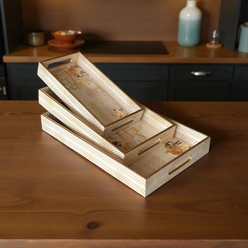 Royal Caravan Palace Tray Set, 40x25x5 cm, Elegant Pattern for Tea Coffee Snacks, 3-Piece Collection