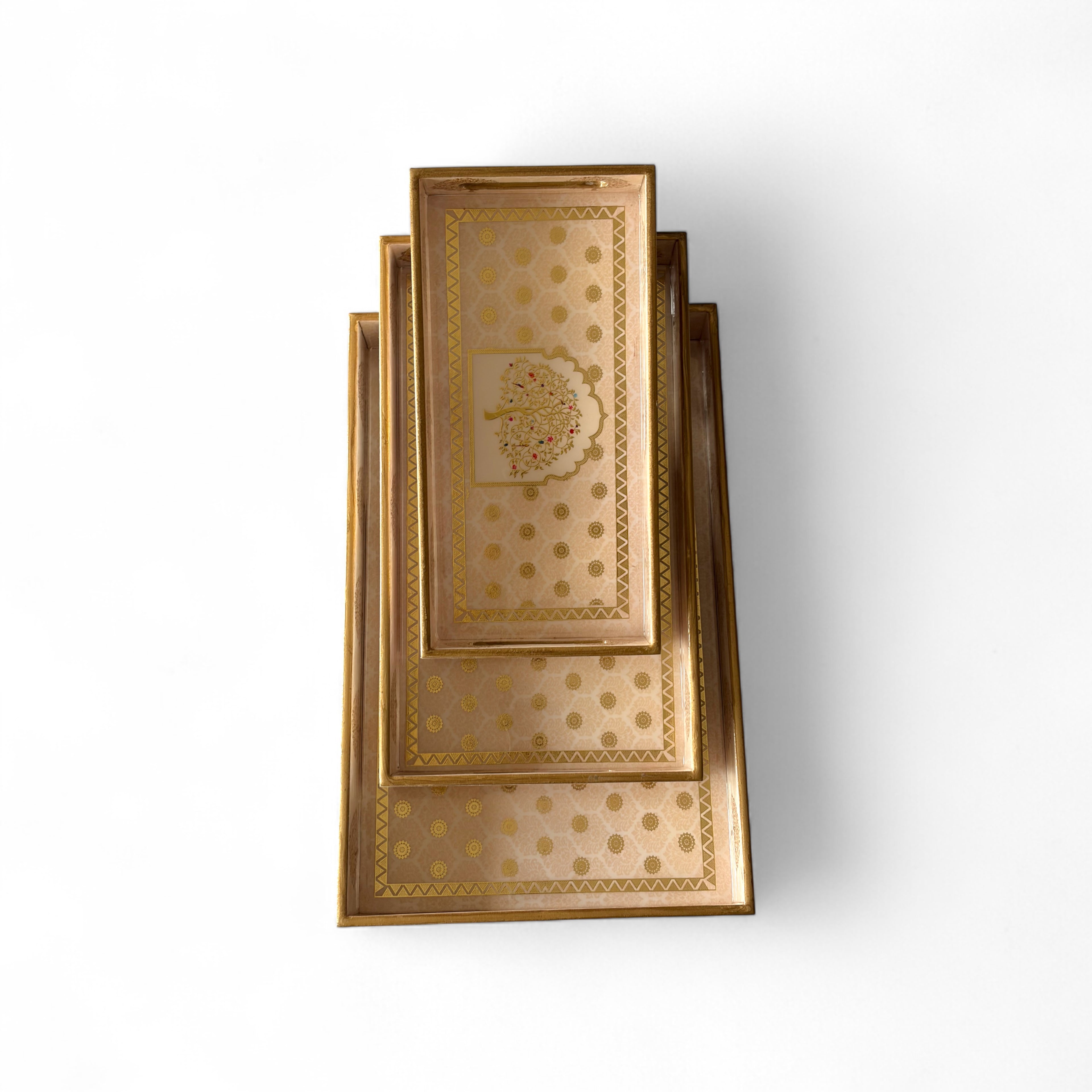 Tree of Life Royal Tray Set, Gold Tree Pattern, 40x25x5 cm, Elegant Tea and Snacks Organizer with Handles, Cream and Gold, 3-Piece Collection