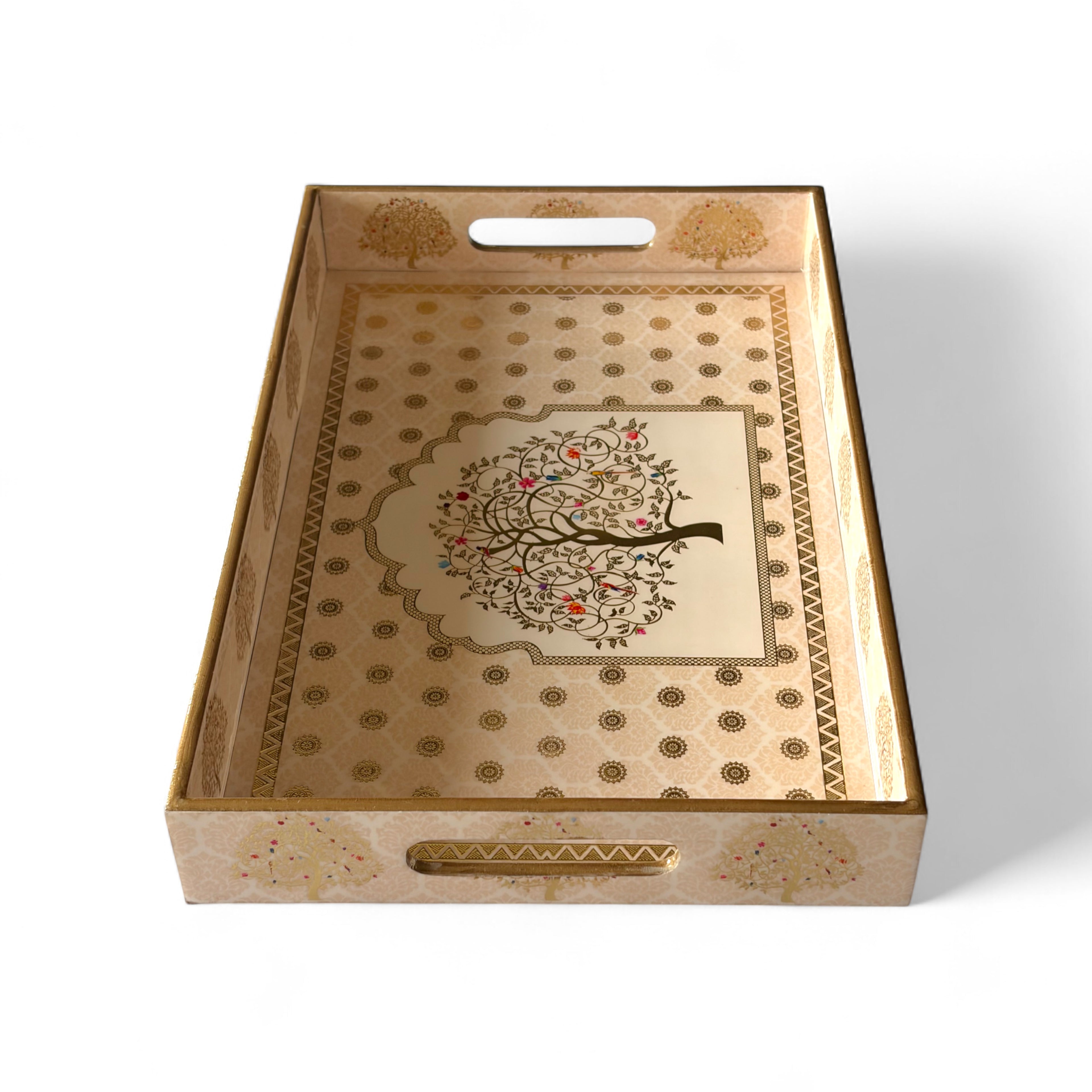 Tree of Life Royal Tray Set, Gold Tree Pattern, 40x25x5 cm, Elegant Tea and Snacks Organizer with Handles, Cream and Gold, 3-Piece Collection