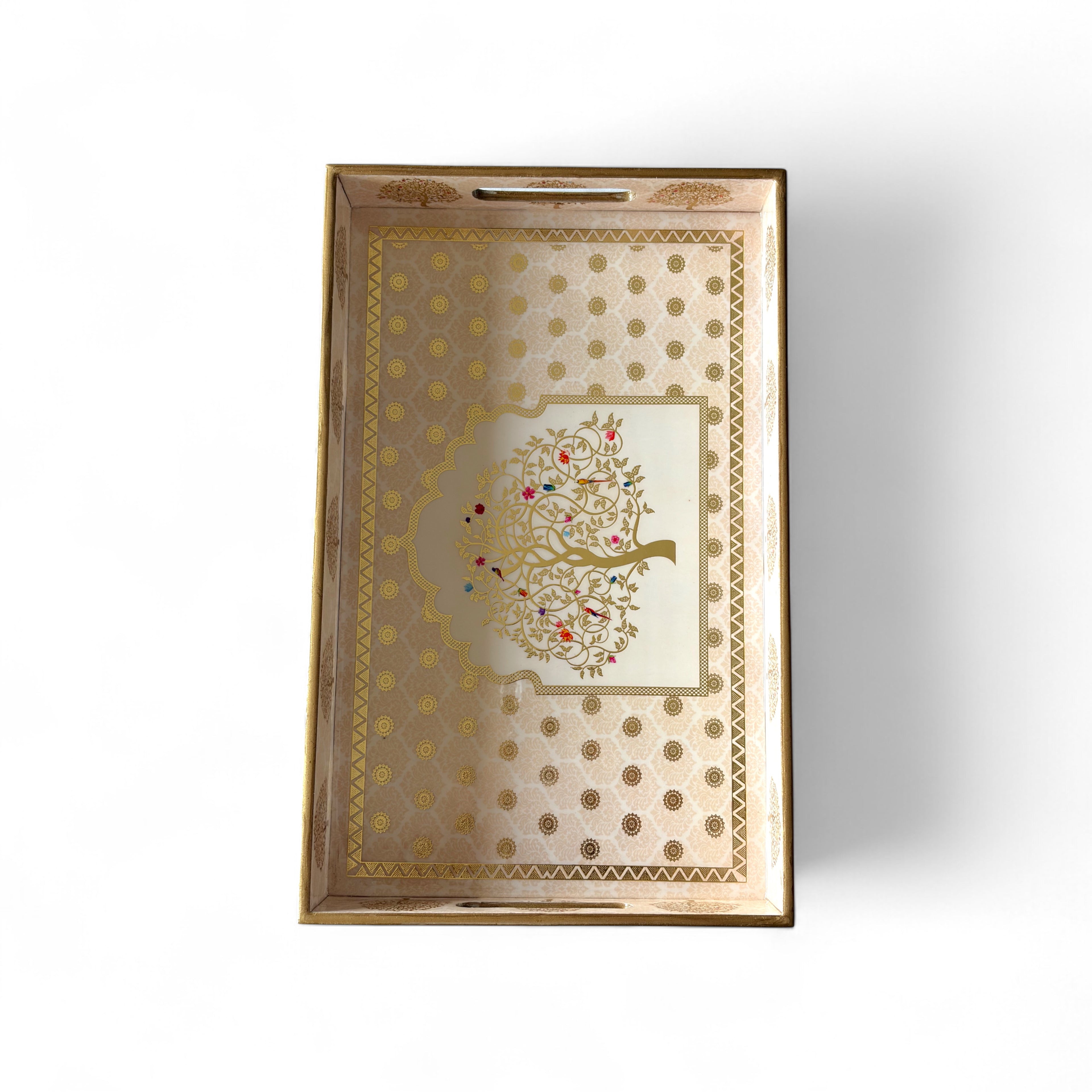 Tree of Life Royal Tray Set, Gold Tree Pattern, 40x25x5 cm, Elegant Tea and Snacks Organizer with Handles, Cream and Gold, 3-Piece Collection