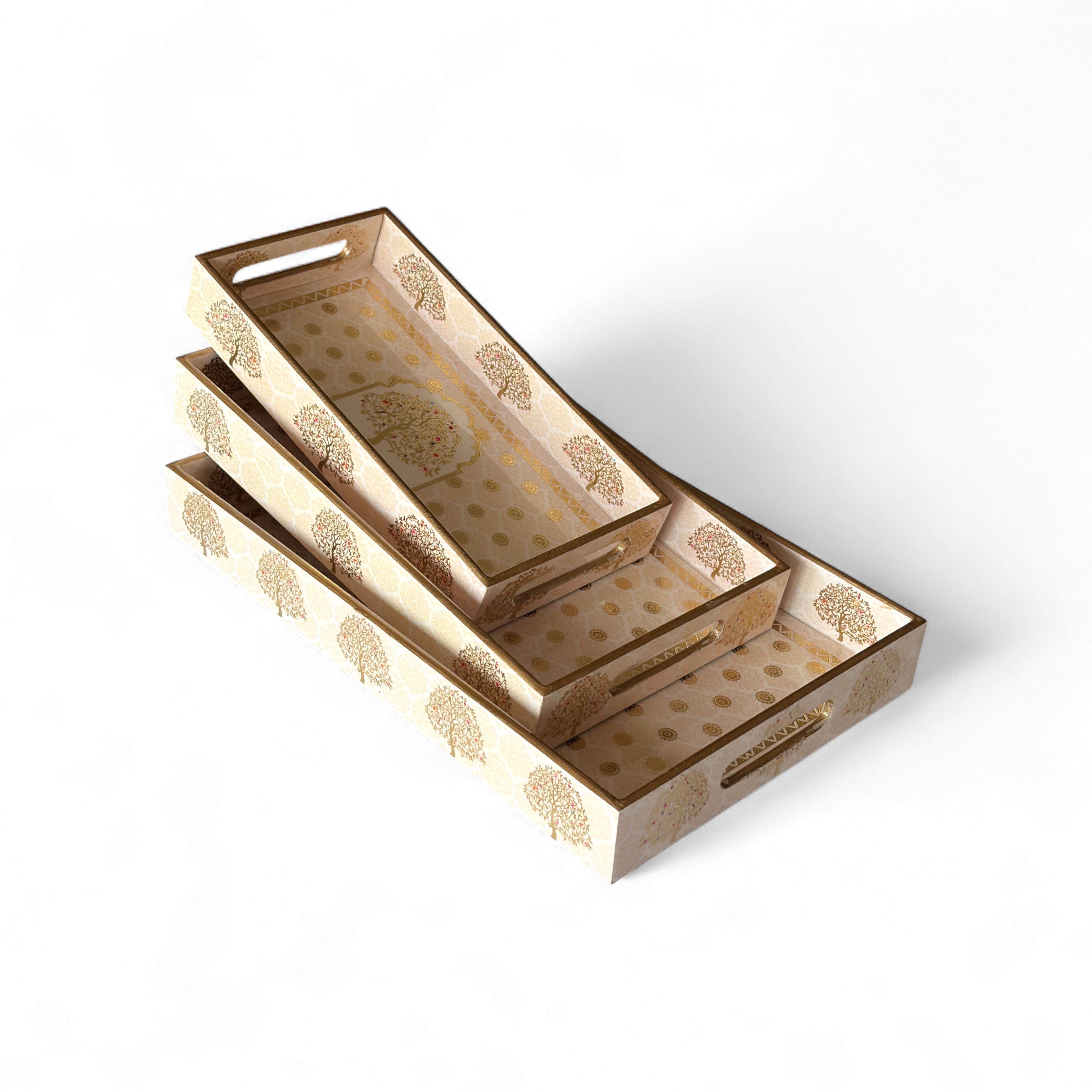 Tree of Life Royal Tray Set, Gold Tree Pattern, 40x25x5 cm, Elegant Tea and Snacks Organizer with Handles, Cream and Gold, 3-Piece Collection