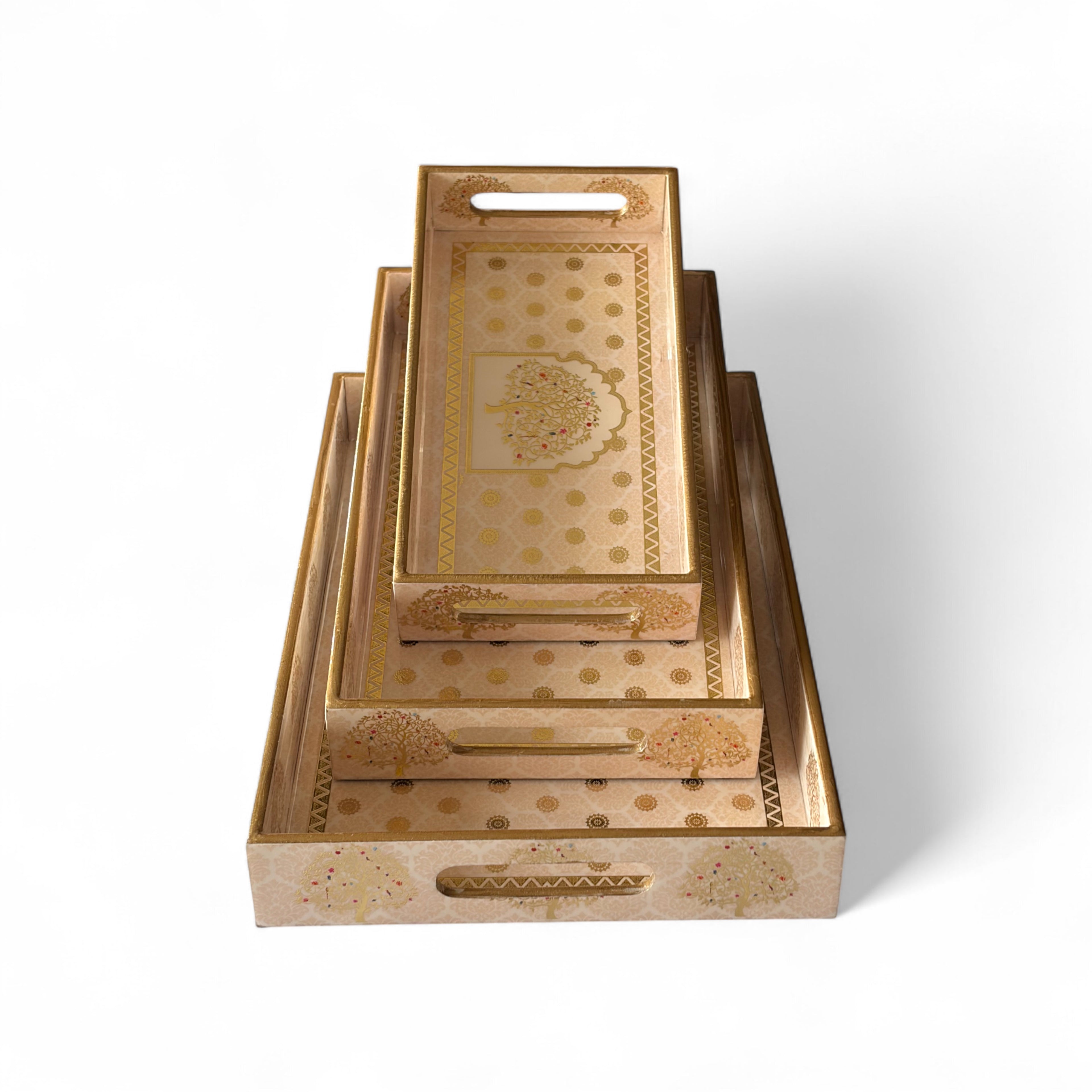 Tree of Life Royal Tray Set, Gold Tree Pattern, 40x25x5 cm, Elegant Tea and Snacks Organizer with Handles, Cream and Gold, 3-Piece Collection