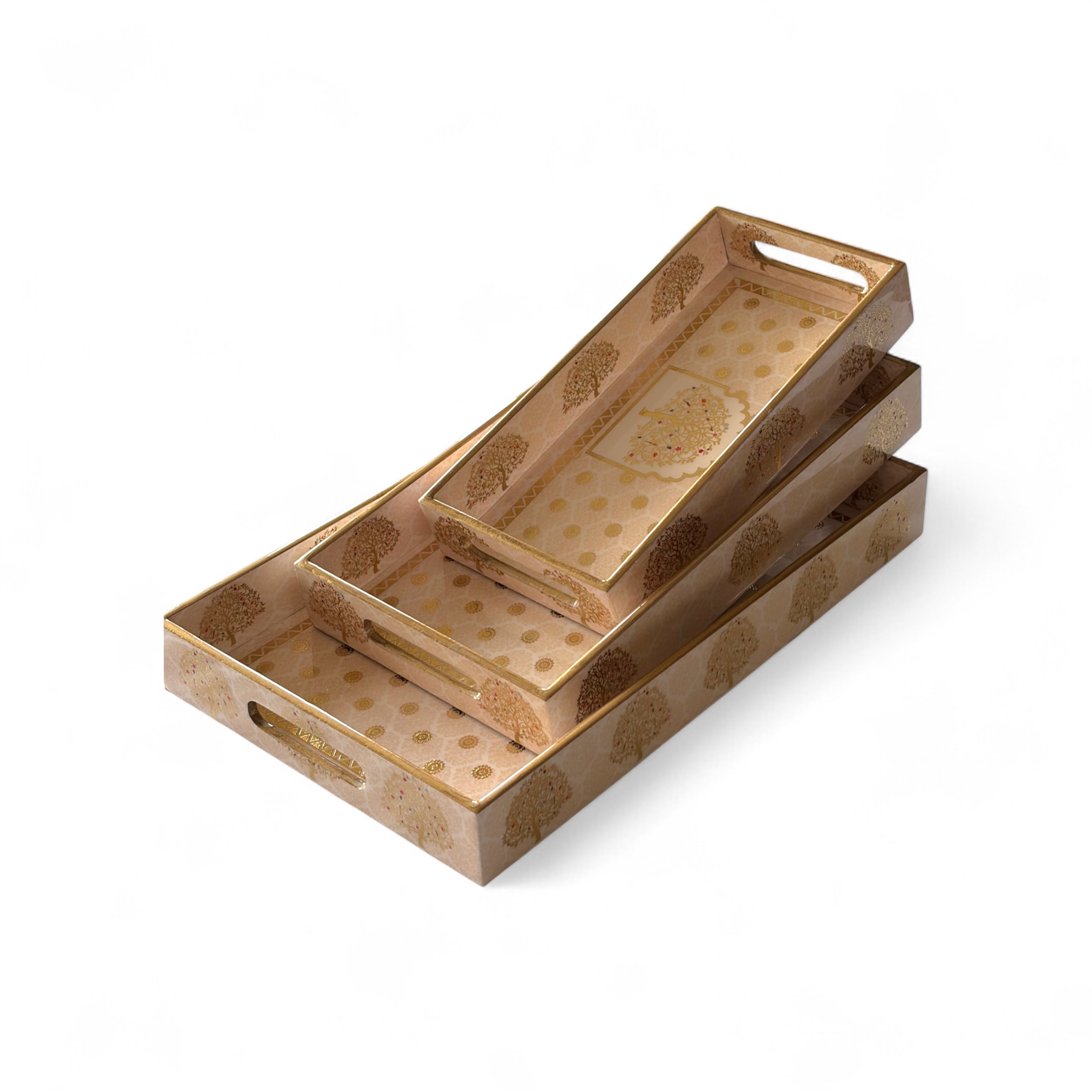 Tree of Life Royal Tray Set, Gold Tree Pattern, 40x25x5 cm, Elegant Tea and Snacks Organizer with Handles, Cream and Gold, 3-Piece Collection