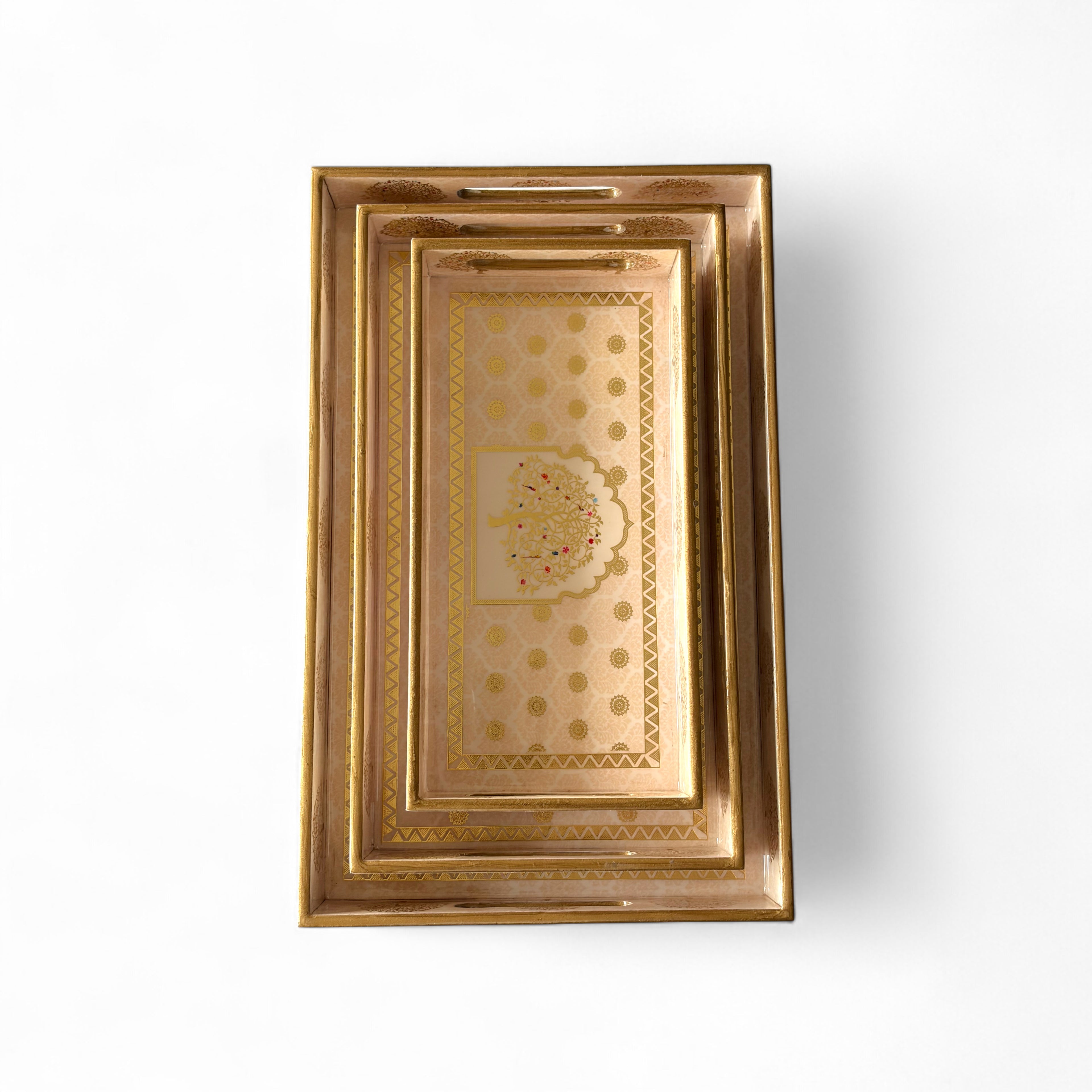 Tree of Life Royal Tray Set, Gold Tree Pattern, 40x25x5 cm, Elegant Tea and Snacks Organizer with Handles, Cream and Gold, 3-Piece Collection
