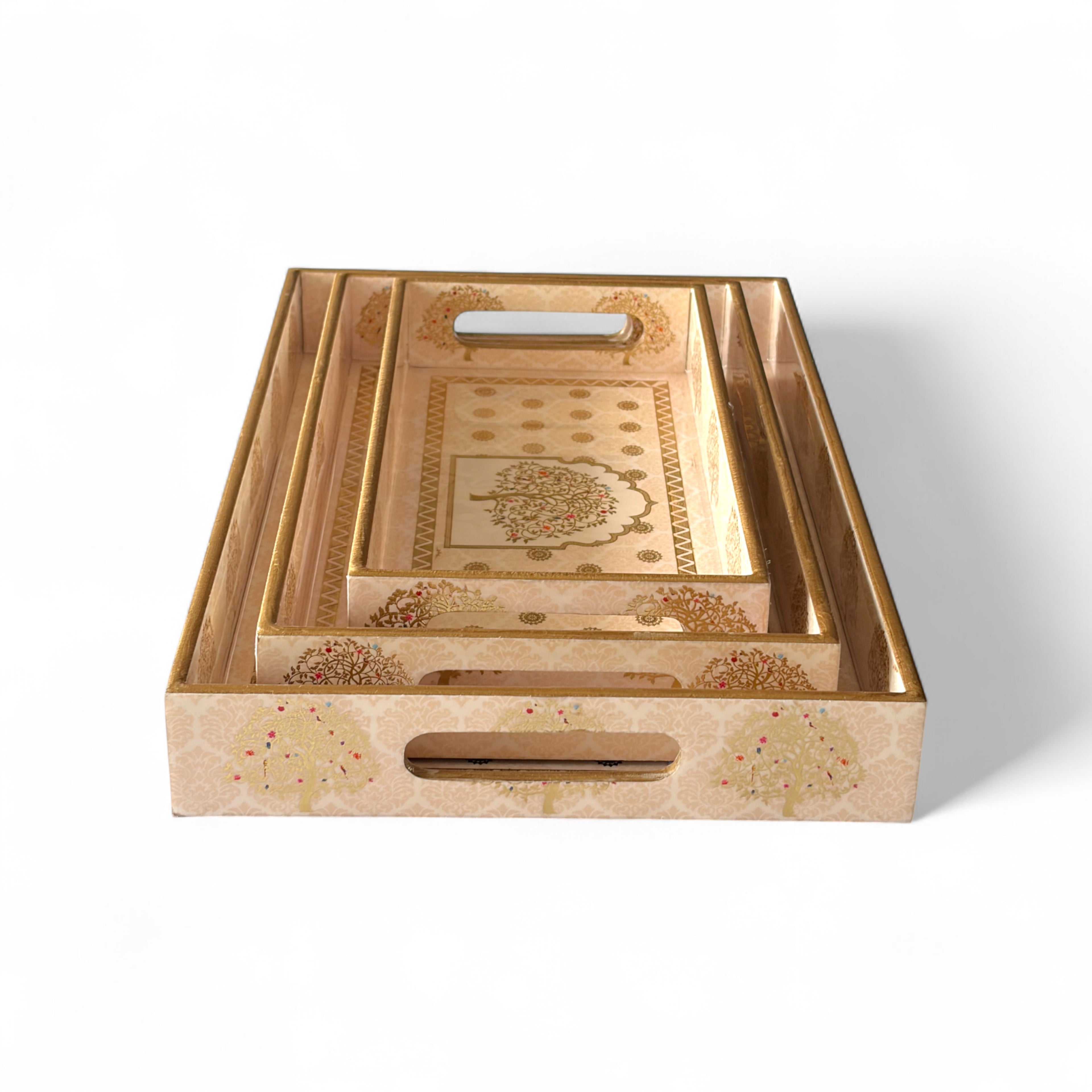 Tree of Life Royal Tray Set, Gold Tree Pattern, 40x25x5 cm, Elegant Tea and Snacks Organizer with Handles, Cream and Gold, 3-Piece Collection