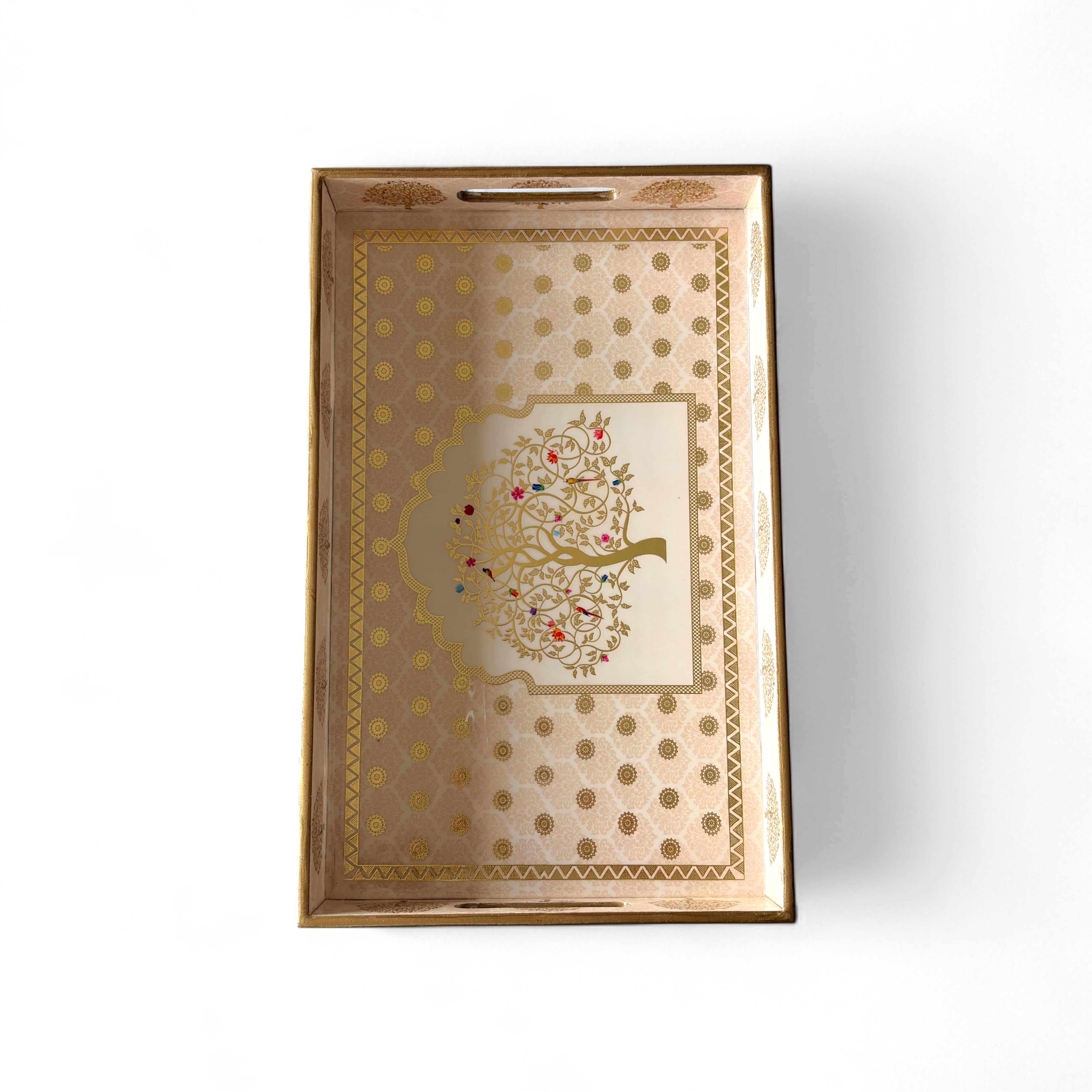Tree of Life Royal Tray Set, Gold Tree Pattern, 40x25x5 cm, Elegant Tea and Snacks Organizer with Handles, Cream and Gold, 3-Piece Collection