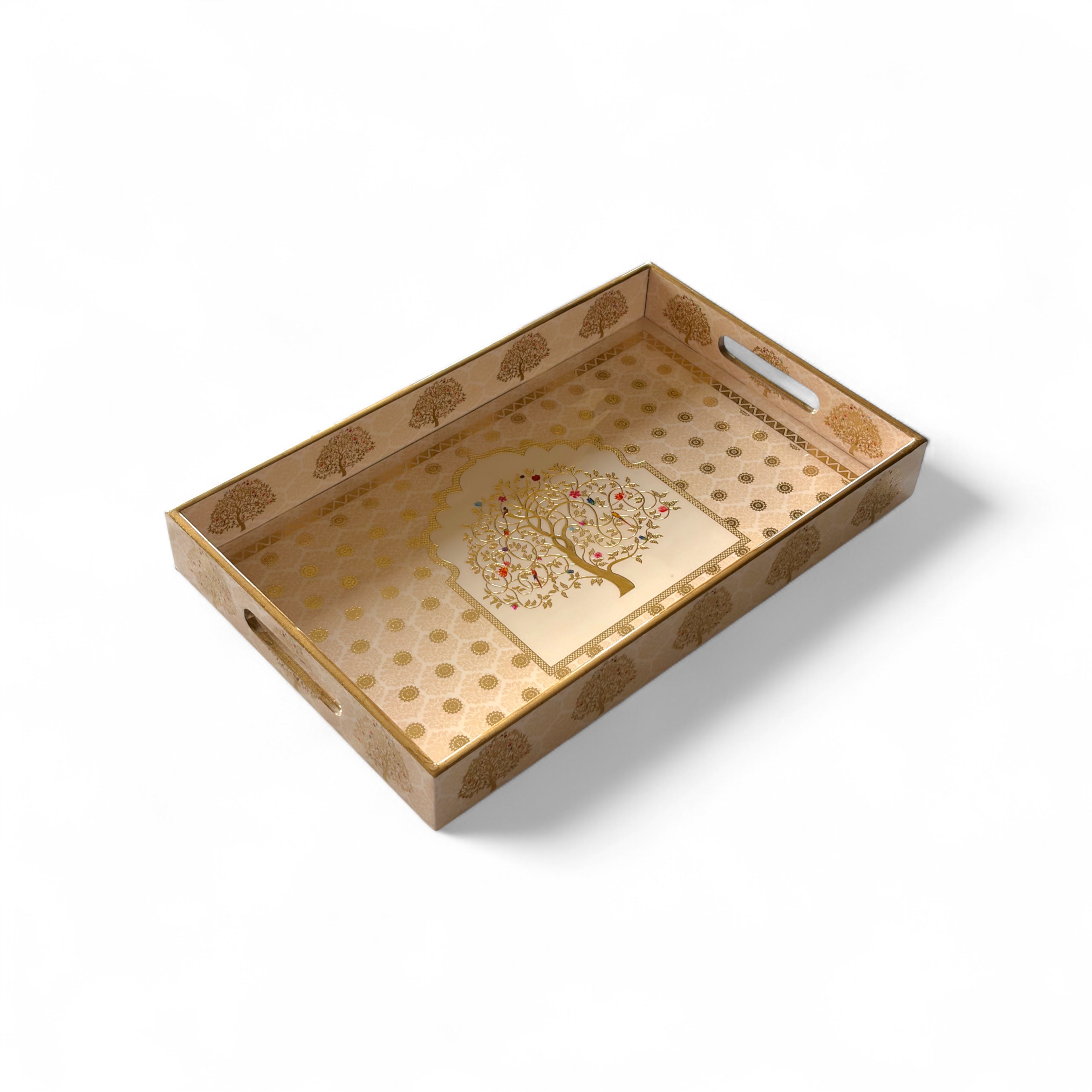 Tree of Life Royal Tray Set, Gold Tree Pattern, 40x25x5 cm, Elegant Tea and Snacks Organizer with Handles, Cream and Gold, 3-Piece Collection