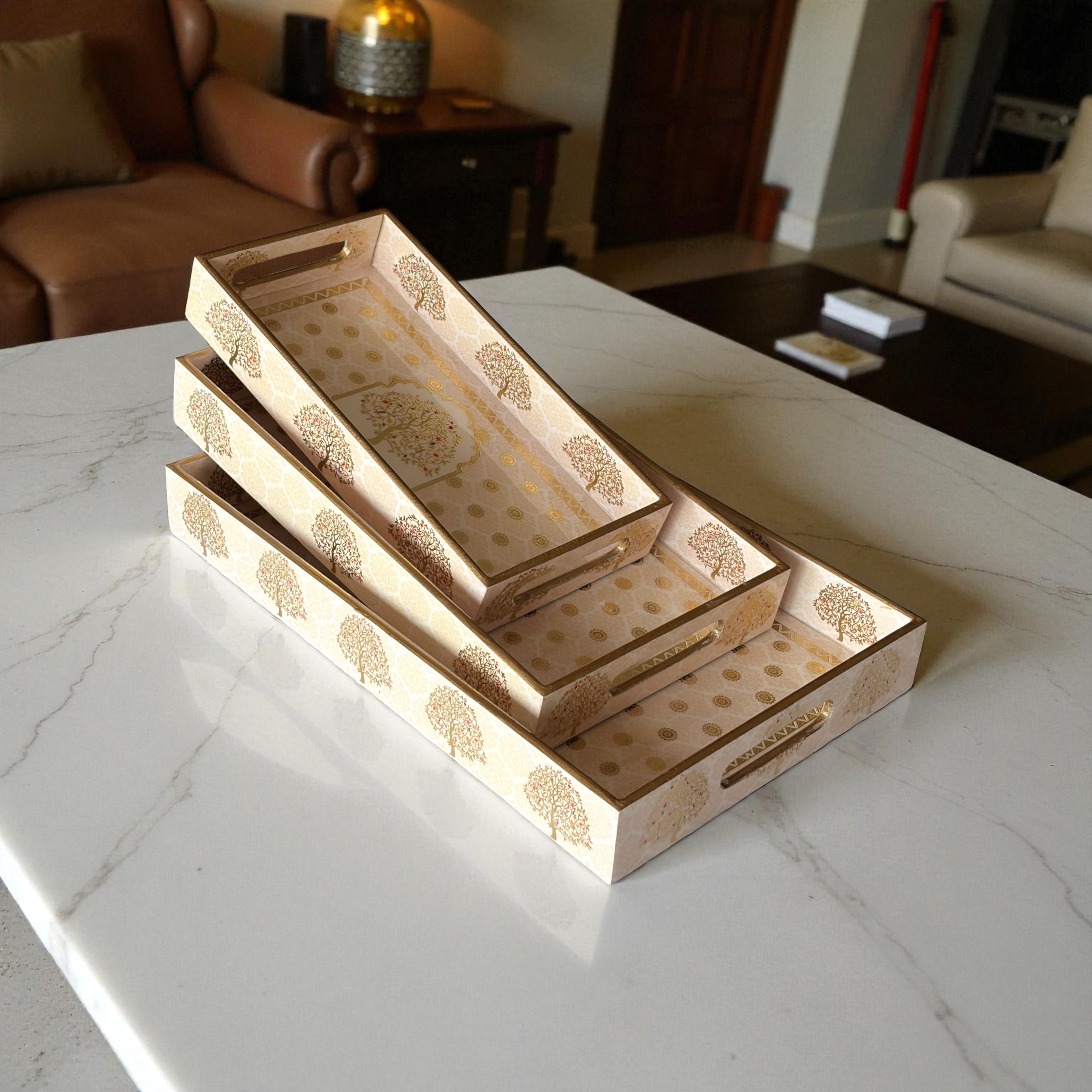 Tree of Life Royal Tray Set, Gold Tree Pattern, 40x25x5 cm, Elegant Tea and Snacks Organizer with Handles, Cream and Gold, 3-Piece Collection