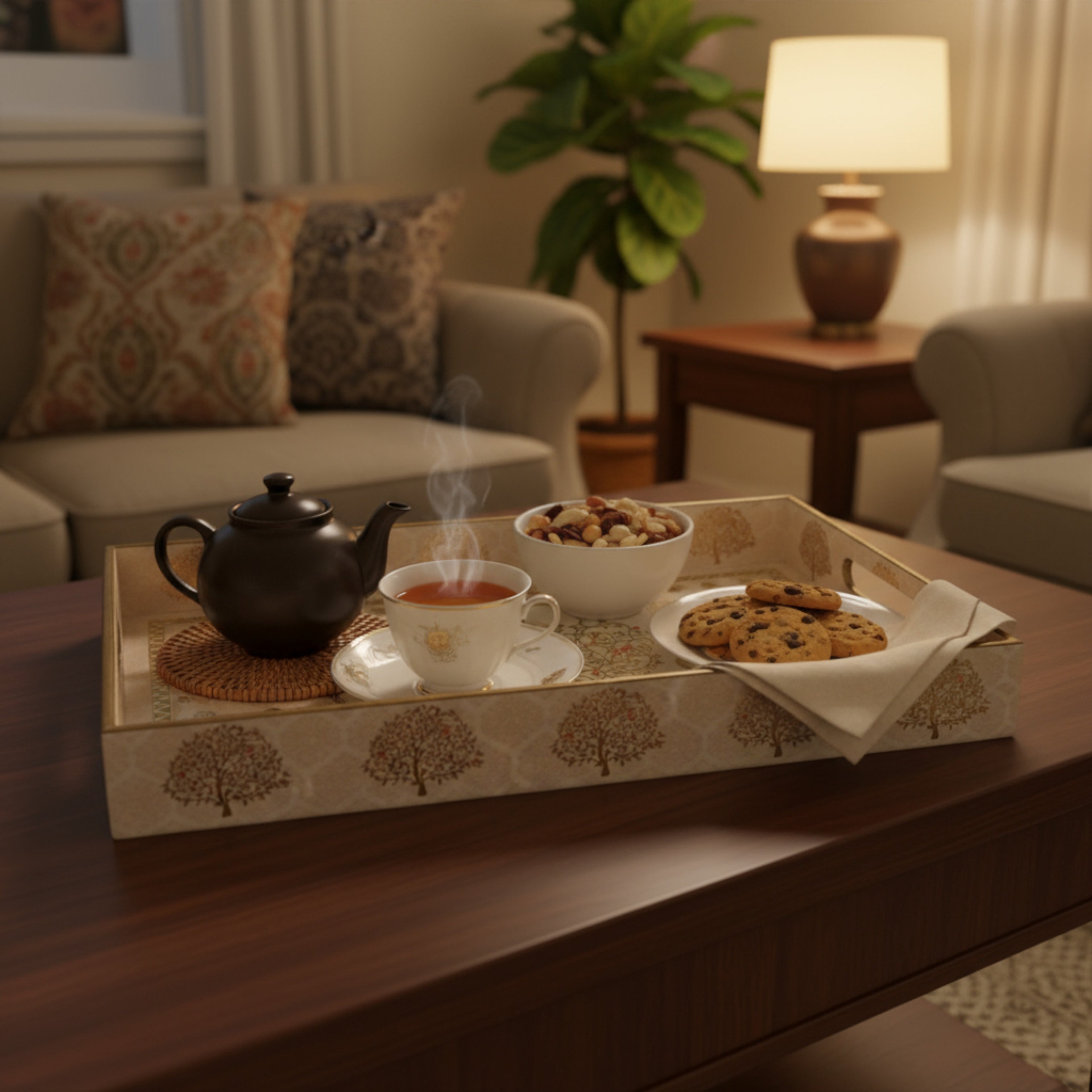 Tree of Life Royal Tray Set, Gold Tree Pattern, 40x25x5 cm, Elegant Tea and Snacks Organizer with Handles, Cream and Gold, 3-Piece Collection