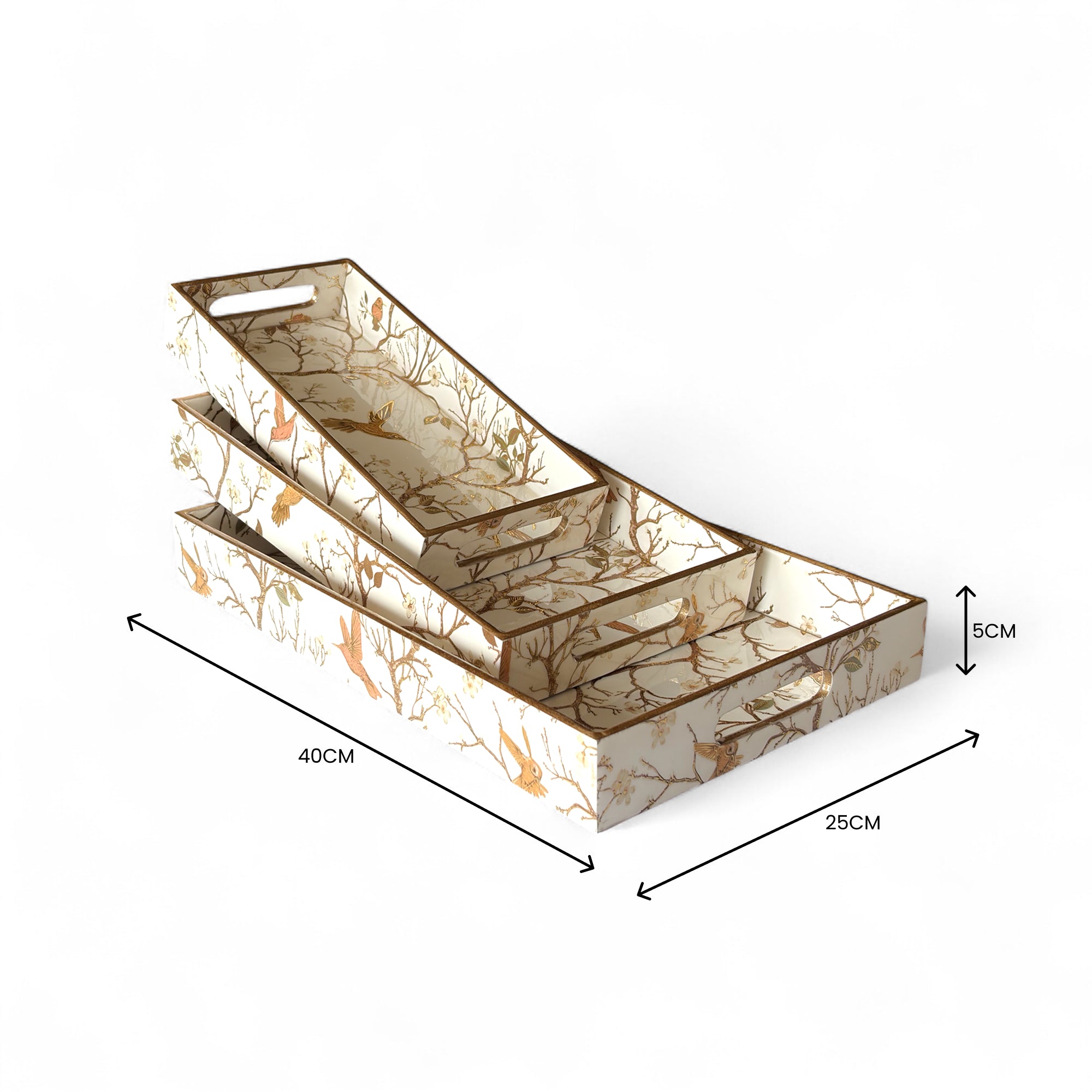Vintage Forest Tray Set, White and Gold, 40x25x5cm, Wooden Construction, Tiered Design for Tea, Coffee, Snacks, 3-Piece Collection