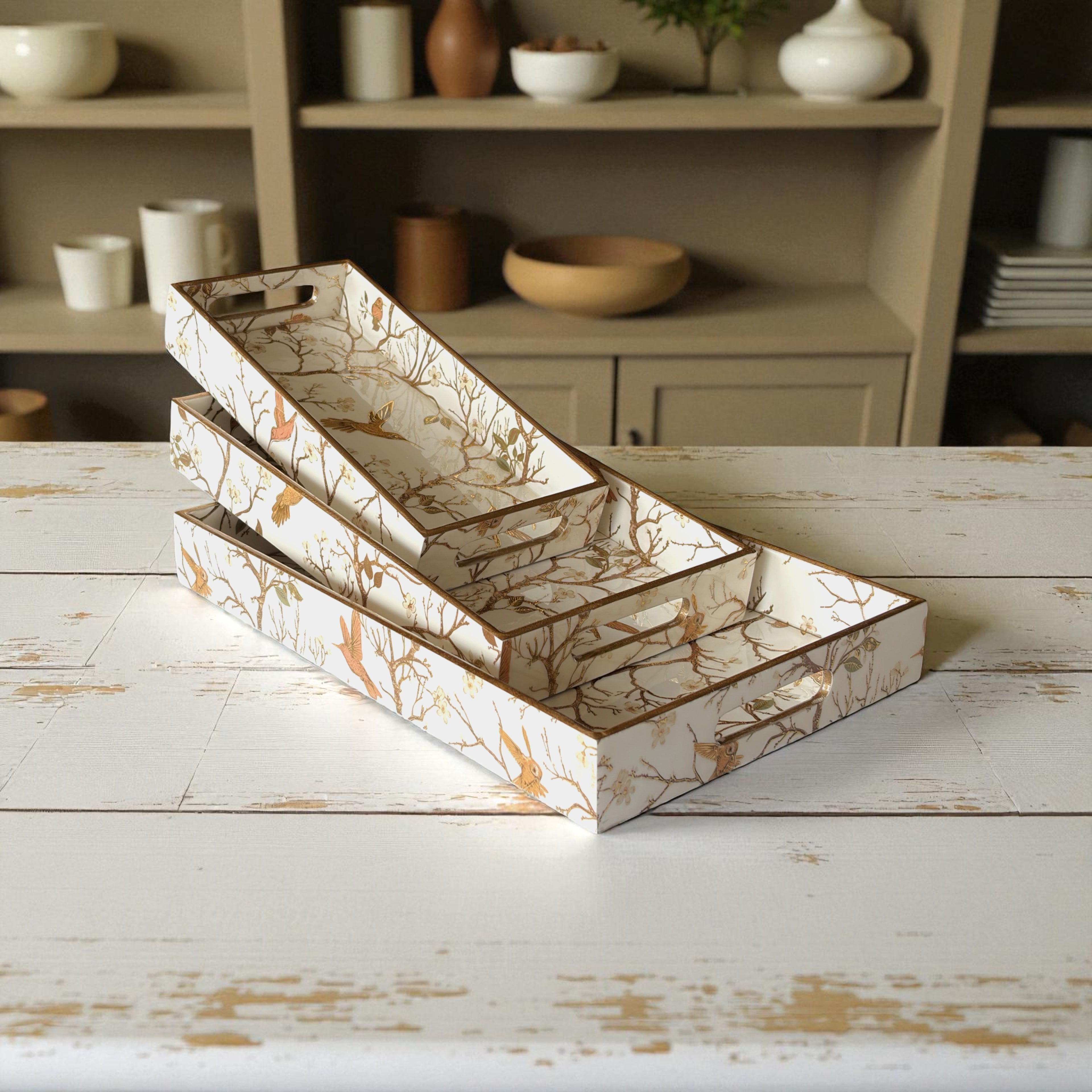Vintage Forest Tray Set, White and Gold, 40x25x5cm, Wooden Construction, Tiered Design for Tea, Coffee, Snacks, 3-Piece Collection
