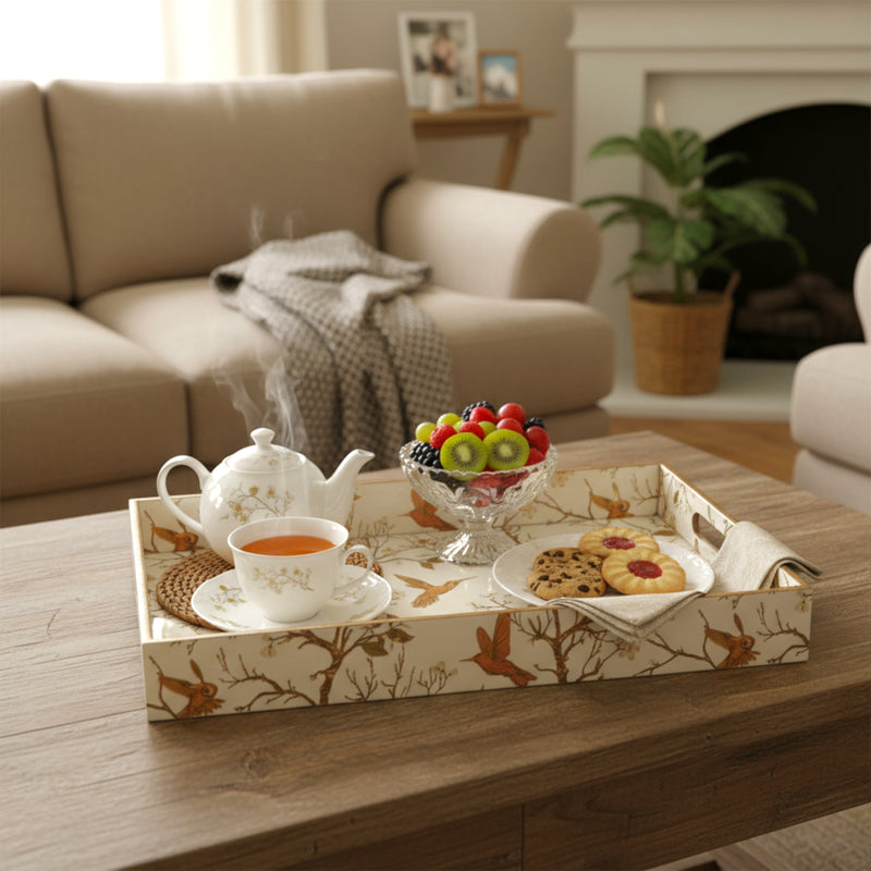 Vintage Forest Tray Set, White and Gold, 40x25x5cm, Wooden Construction, Tiered Design for Tea, Coffee, Snacks, 3-Piece Collection