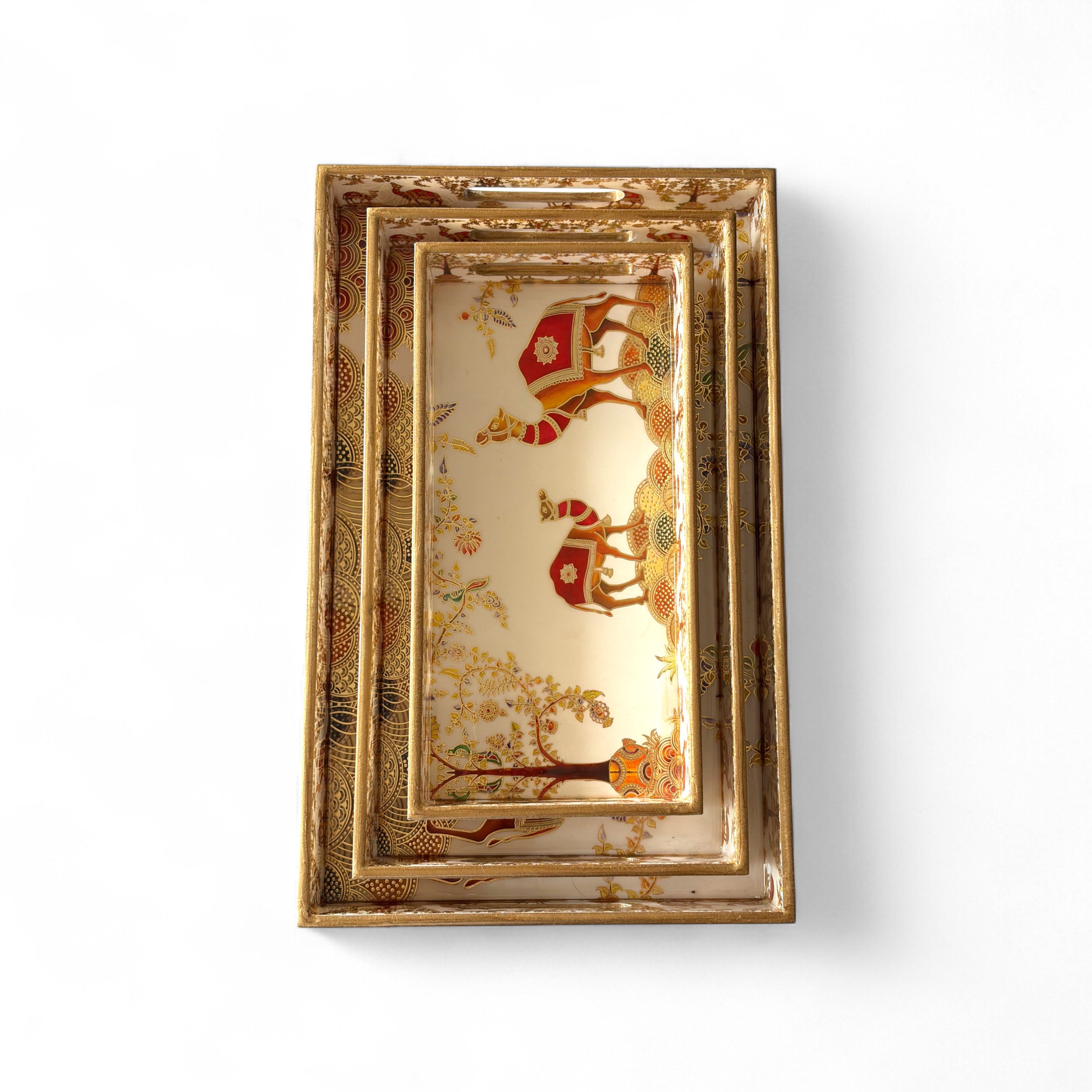 Vintage Safari Tray Set with Elephant Design, Gold and White, 40x25x5 cm, Oriental Pattern, Snack and Tea Set, 3-Piece Collection