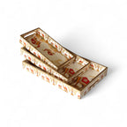 Vintage Safari Tray Set with Elephant Design, Gold and White, 40x25x5 cm, Oriental Pattern, Snack and Tea Set, 3-Piece Collection