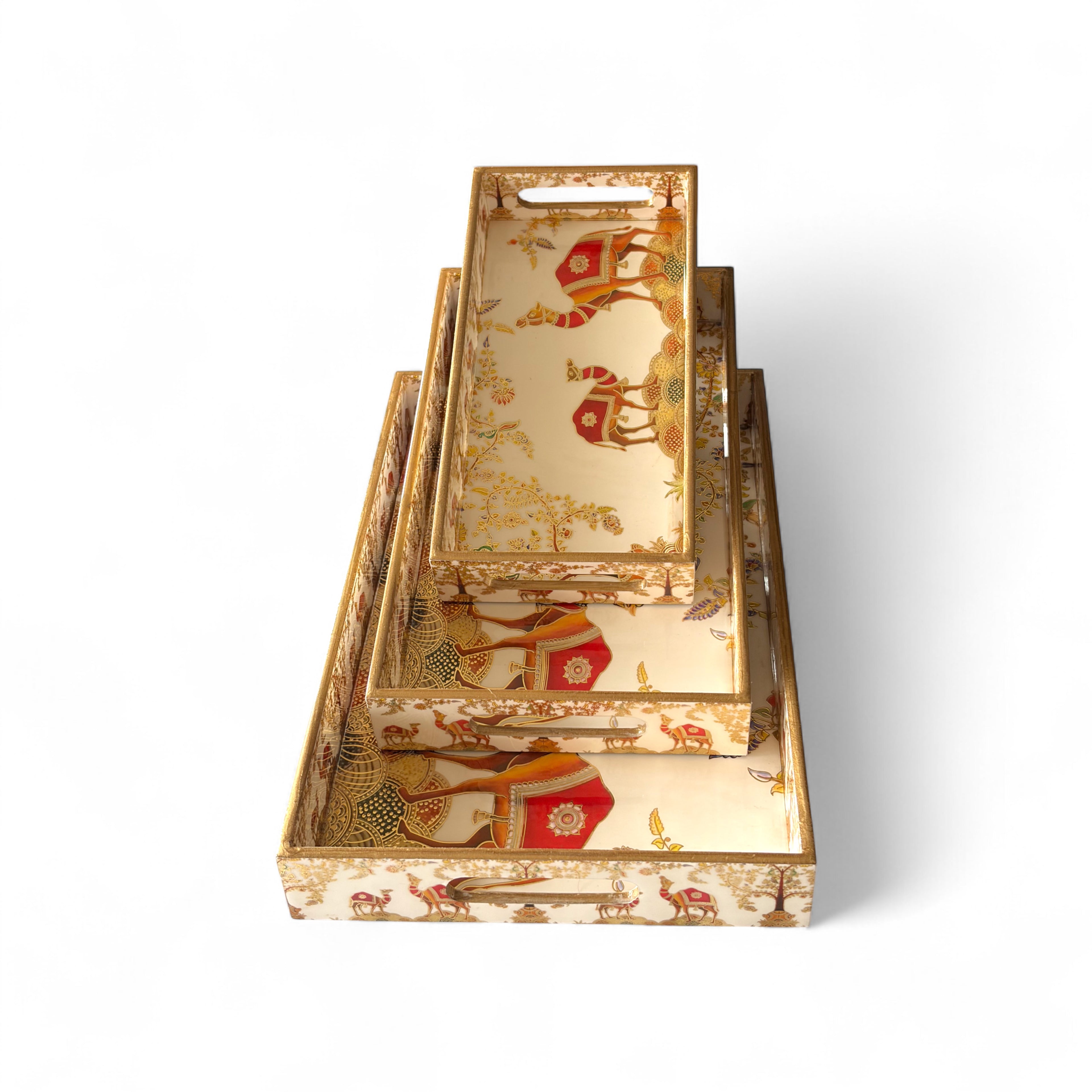 Vintage Safari Tray Set with Elephant Design, Gold and White, 40x25x5 cm, Oriental Pattern, Snack and Tea Set, 3-Piece Collection