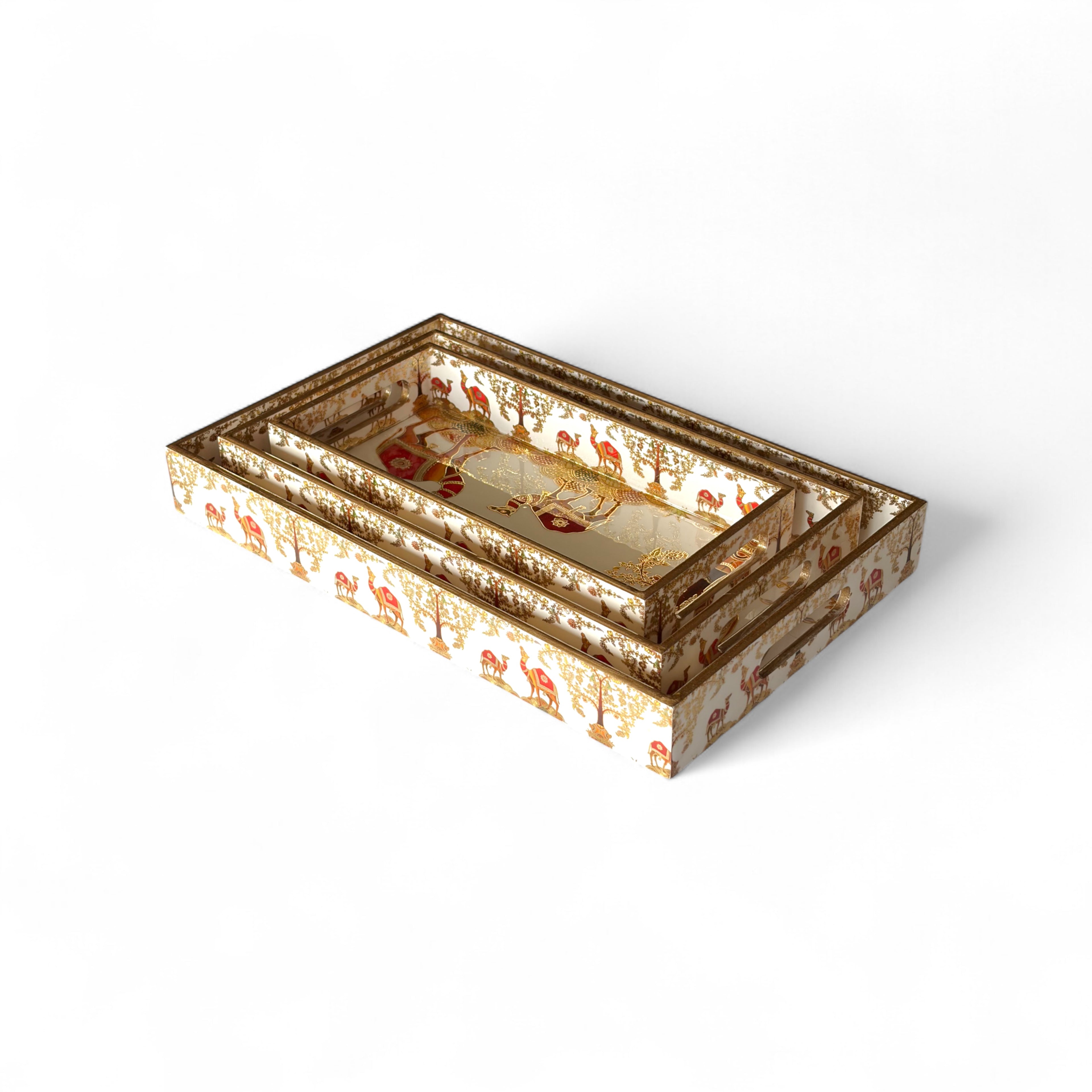 Vintage Safari Tray Set with Elephant Design, Gold and White, 40x25x5 cm, Oriental Pattern, Snack and Tea Set, 3-Piece Collection