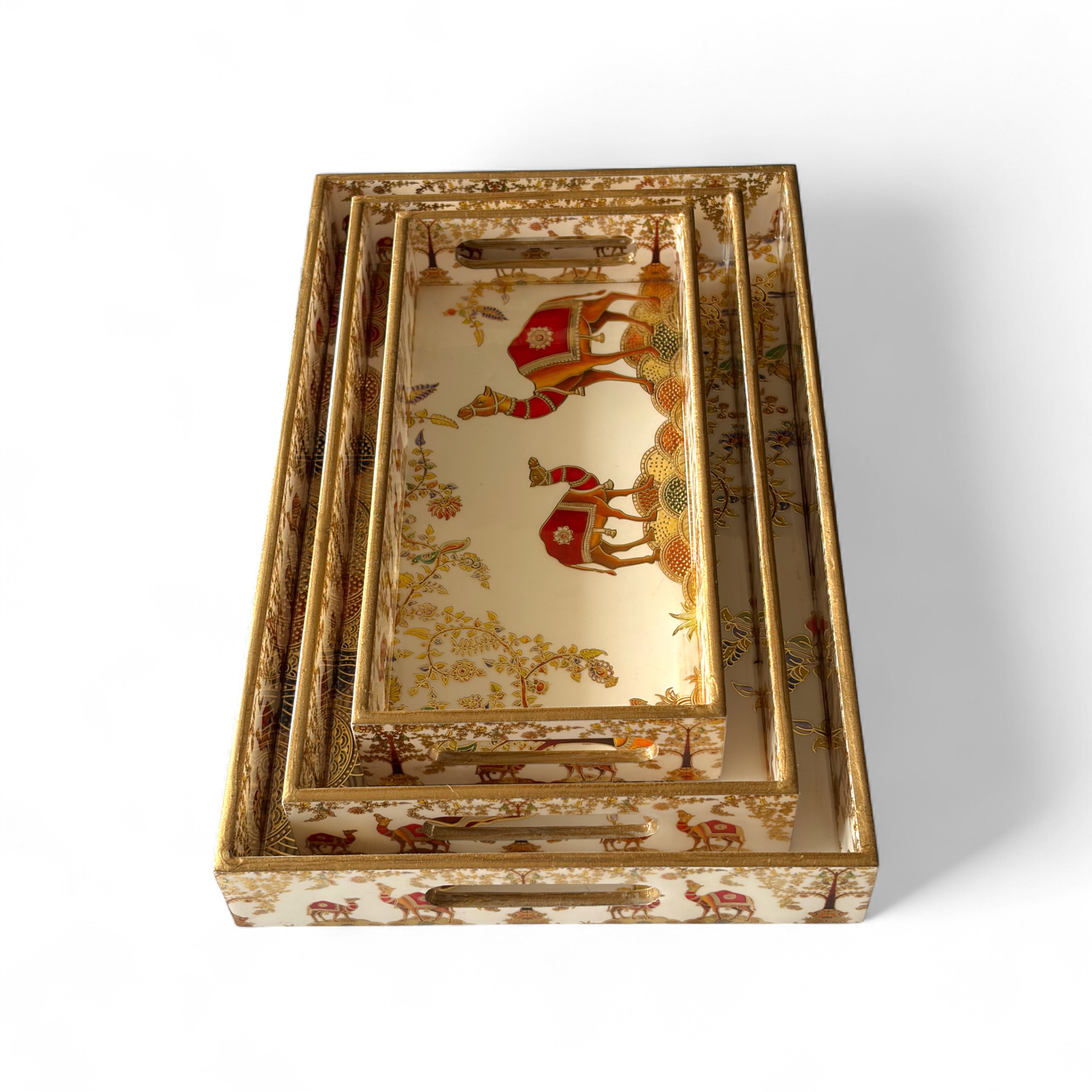 Vintage Safari Tray Set with Elephant Design, Gold and White, 40x25x5 cm, Oriental Pattern, Snack and Tea Set, 3-Piece Collection