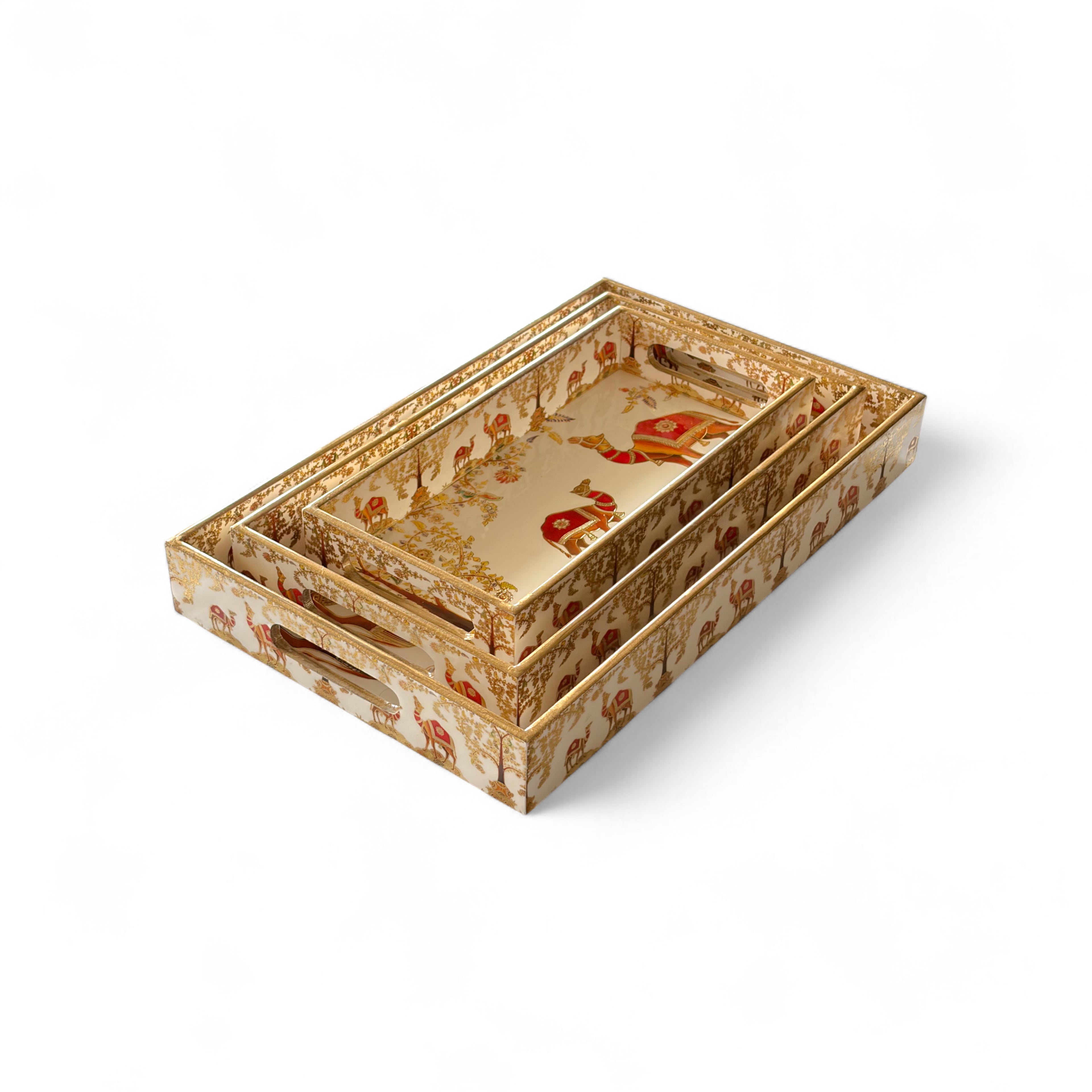 Vintage Safari Tray Set with Elephant Design, Gold and White, 40x25x5 cm, Oriental Pattern, Snack and Tea Set, 3-Piece Collection