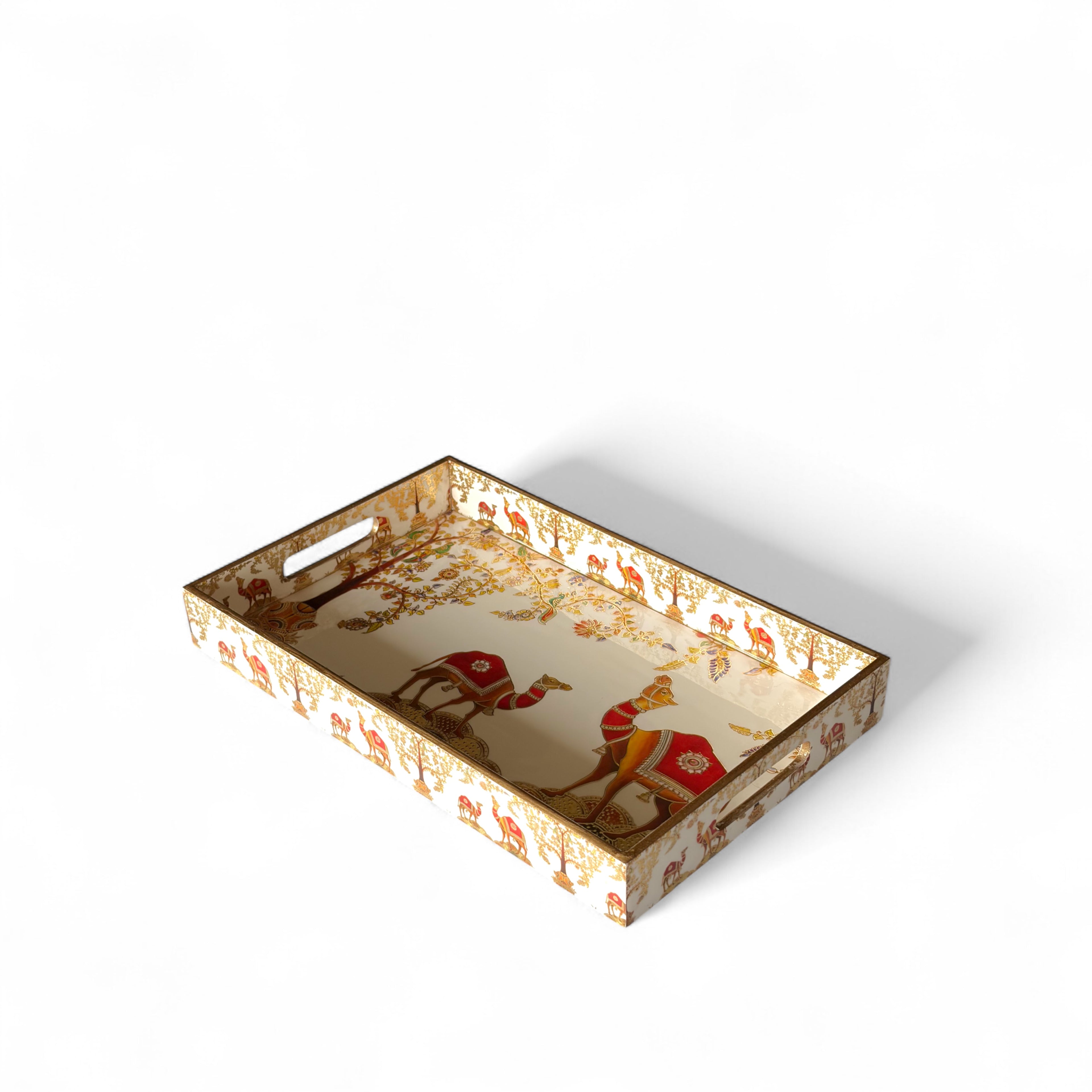 Vintage Safari Tray Set with Elephant Design, Gold and White, 40x25x5 cm, Oriental Pattern, Snack and Tea Set, 3-Piece Collection