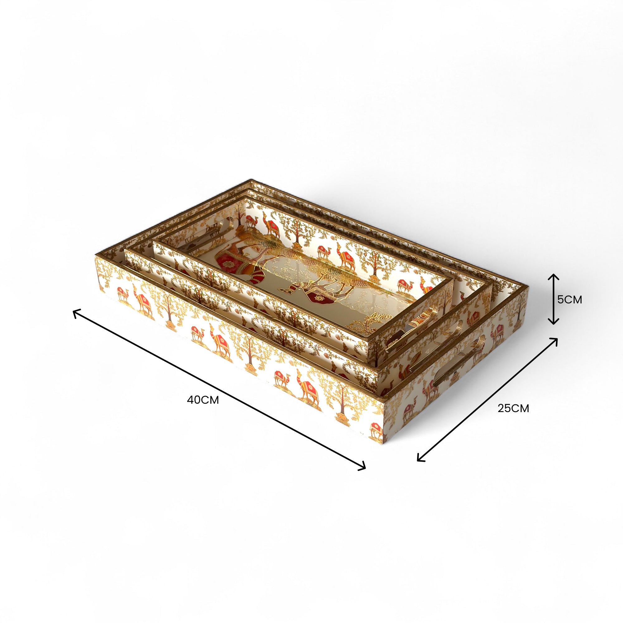 Vintage Safari Tray Set with Elephant Design, Gold and White, 40x25x5 cm, Oriental Pattern, Snack and Tea Set, 3-Piece Collection