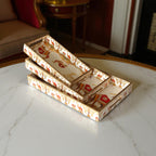 Vintage Safari Tray Set with Elephant Design, Gold and White, 40x25x5 cm, Oriental Pattern, Snack and Tea Set, 3-Piece Collection