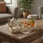 Vintage Safari Tray Set with Elephant Design, Gold and White, 40x25x5 cm, Oriental Pattern, Snack and Tea Set, 3-Piece Collection