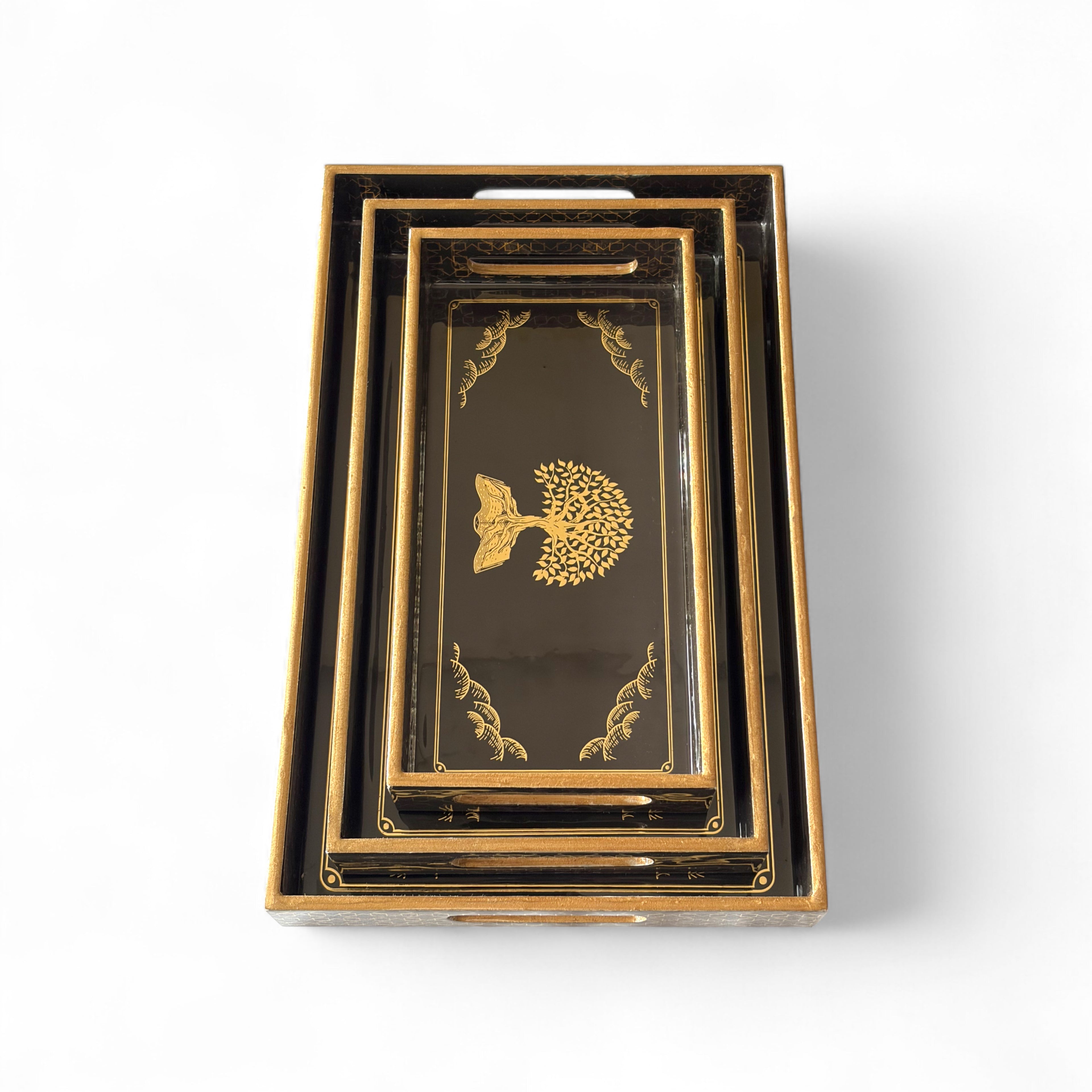 Golden Tree Tray Set, Black and Gold Pattern, 25x40x5 cm, Wooden Tea Coffee Snacks Storage Organiser, Oriental Design, 3-Piece Collection