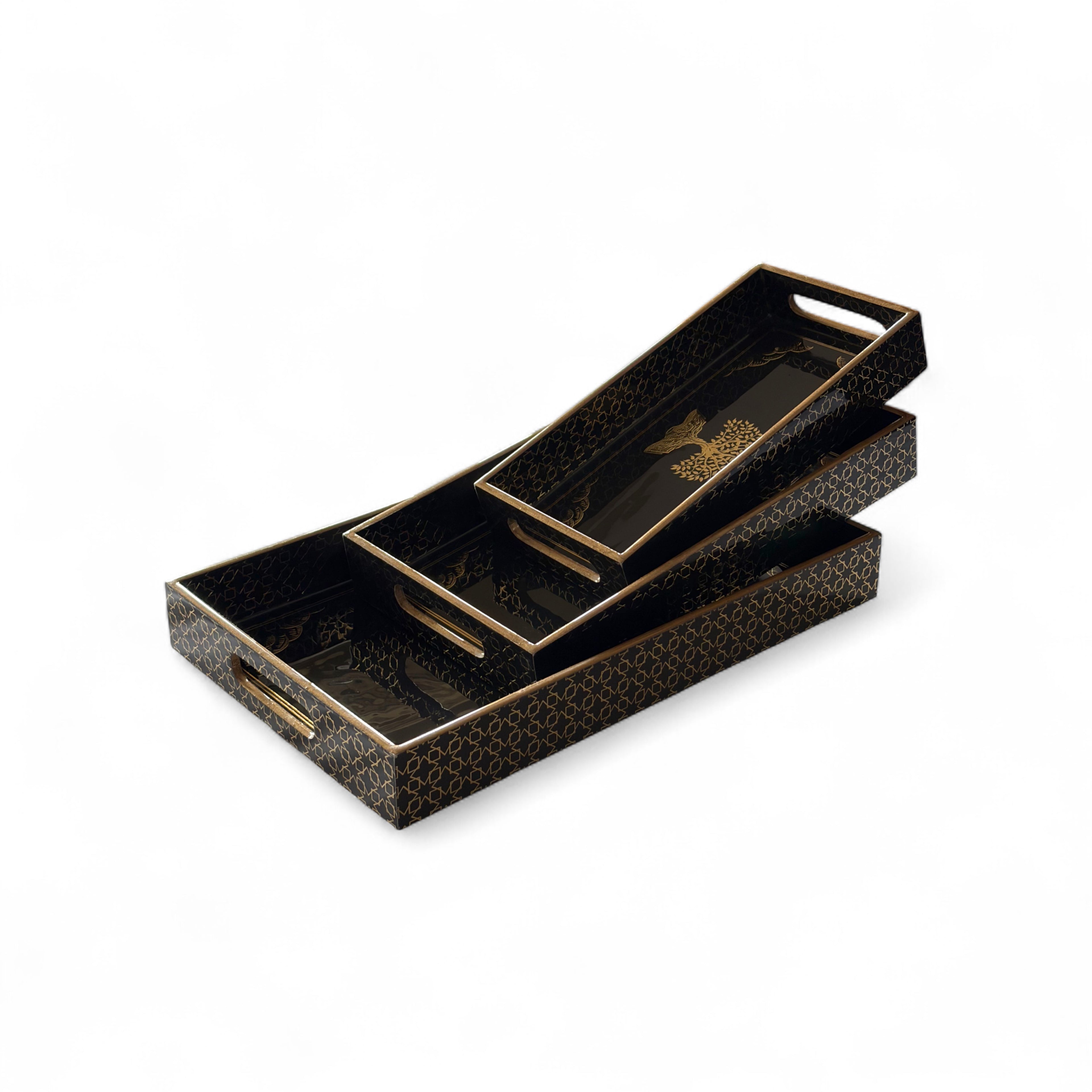 Golden Tree Tray Set, Black and Gold Pattern, 25x40x5 cm, Wooden Tea Coffee Snacks Storage Organiser, Oriental Design, 3-Piece Collection