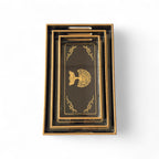 Golden Tree Tray Set, Black and Gold Pattern, 25x40x5 cm, Wooden Tea Coffee Snacks Storage Organiser, Oriental Design, 3-Piece Collection