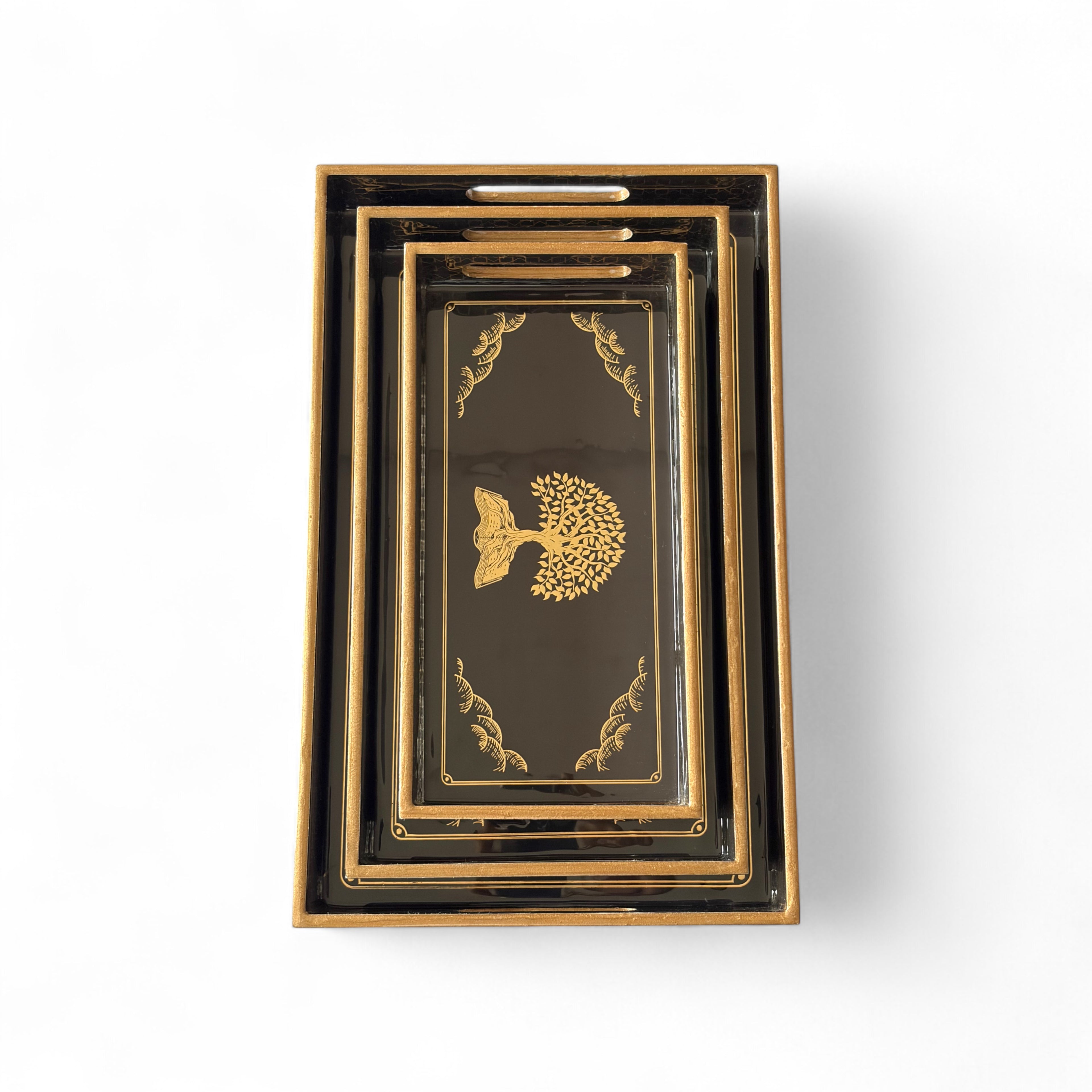 Golden Tree Tray Set, Black and Gold Pattern, 25x40x5 cm, Wooden Tea Coffee Snacks Storage Organiser, Oriental Design, 3-Piece Collection