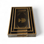 Golden Tree Tray Set, Black and Gold Pattern, 25x40x5 cm, Wooden Tea Coffee Snacks Storage Organiser, Oriental Design, 3-Piece Collection