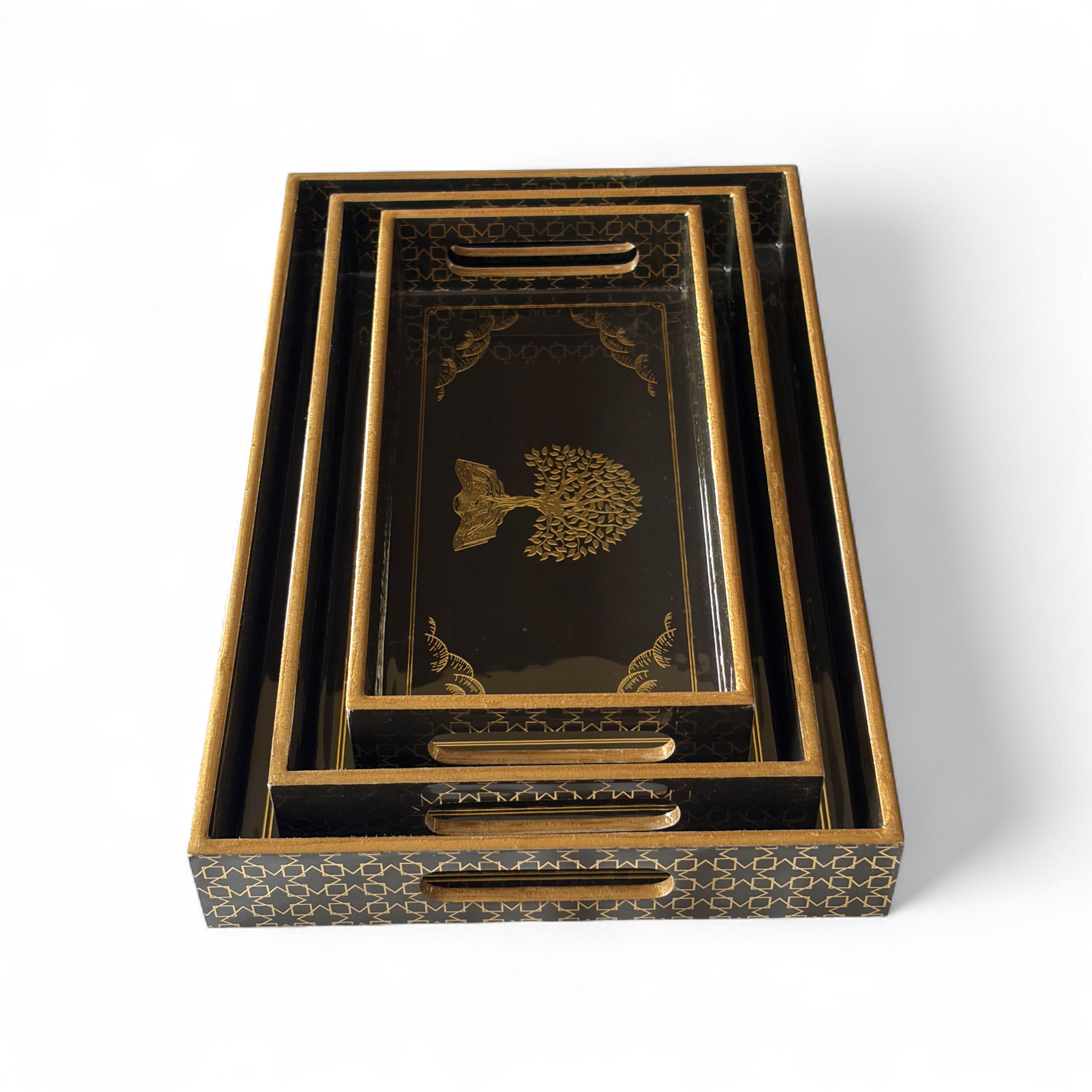 Golden Tree Tray Set, Black and Gold Pattern, 25x40x5 cm, Wooden Tea Coffee Snacks Storage Organiser, Oriental Design, 3-Piece Collection