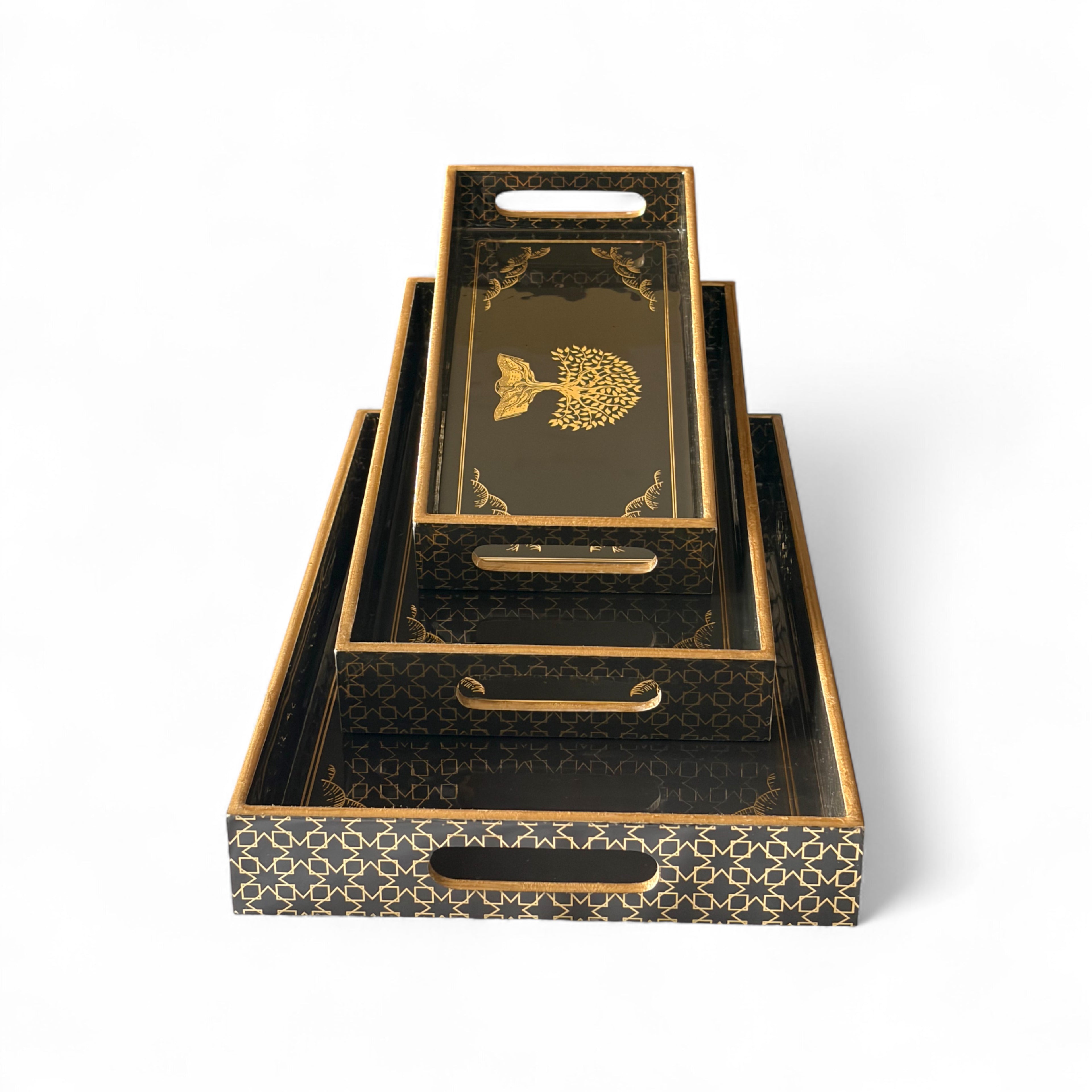 Golden Tree Tray Set, Black and Gold Pattern, 25x40x5 cm, Wooden Tea Coffee Snacks Storage Organiser, Oriental Design, 3-Piece Collection