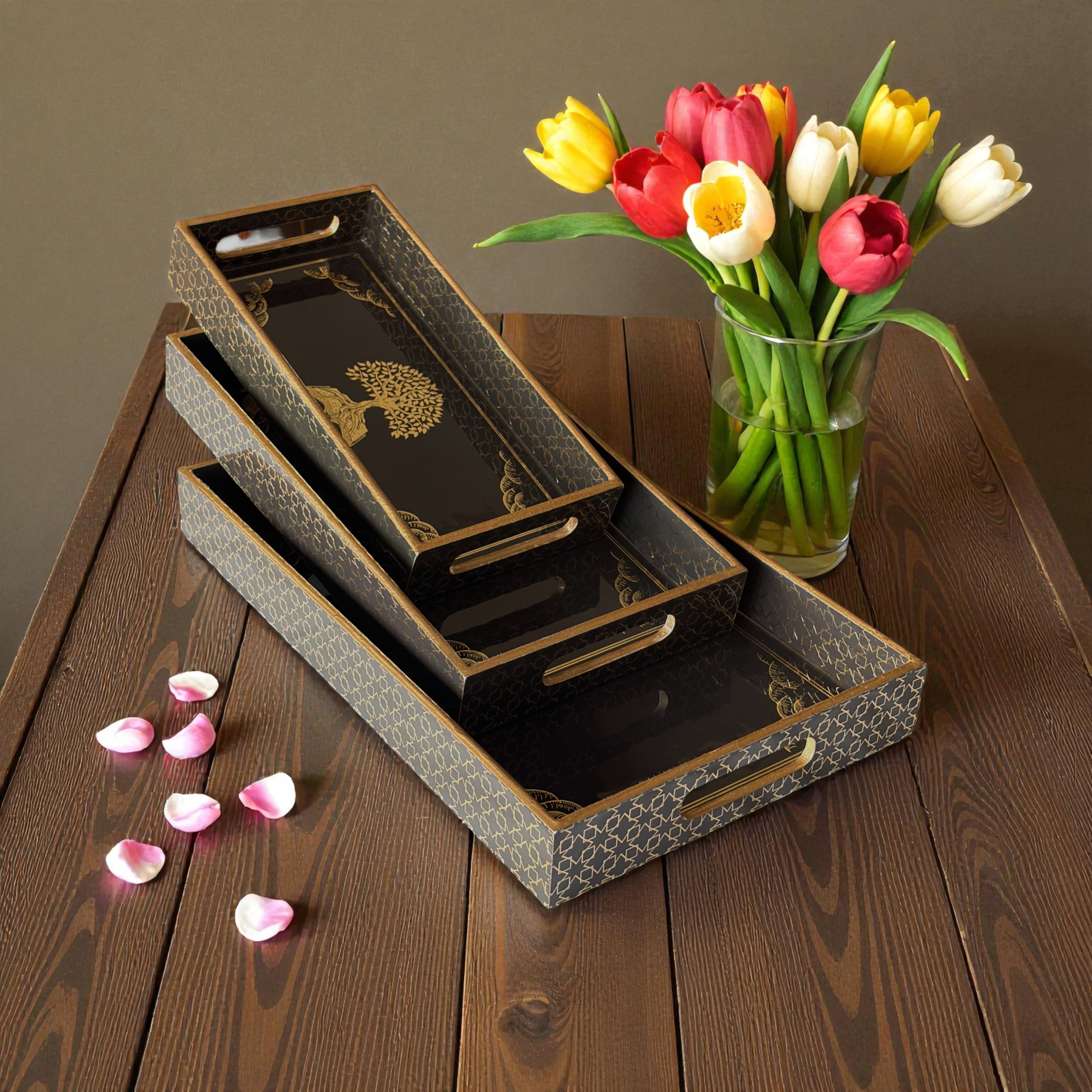 Golden Tree Tray Set, Black and Gold Pattern, 25x40x5 cm, Wooden Tea Coffee Snacks Storage Organiser, Oriental Design, 3-Piece Collection