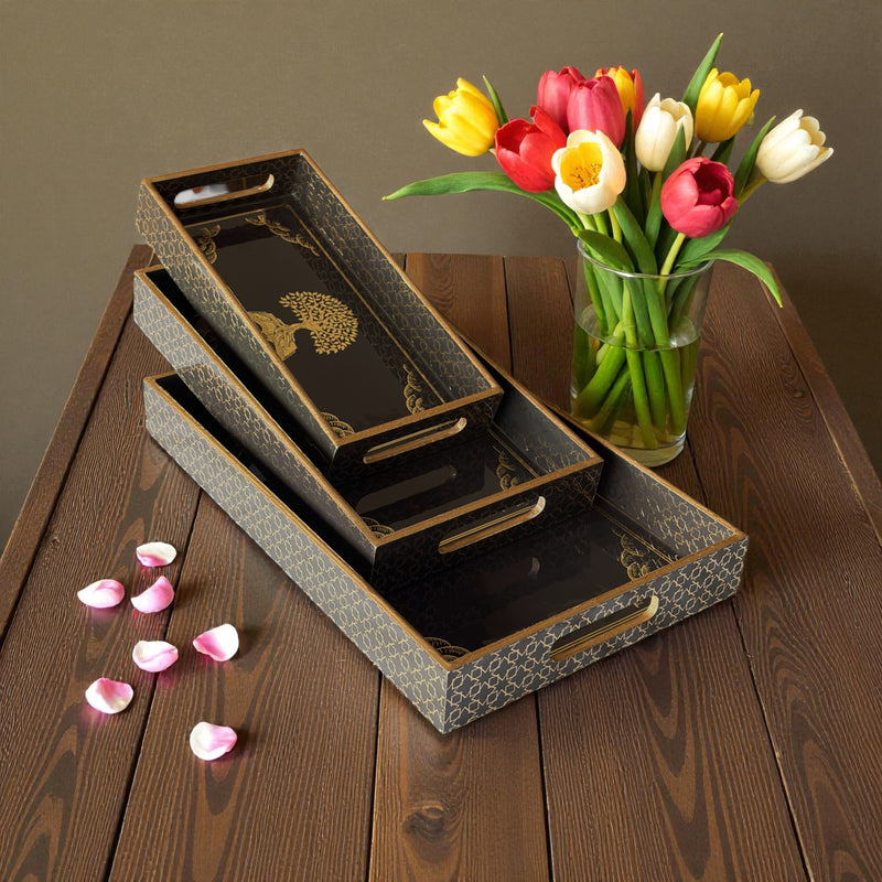 Golden Tree Tray Set, Black and Gold Pattern, 25x40x5 cm, Wooden Tea Coffee Snacks Storage Organiser, Oriental Design, 3-Piece Collection