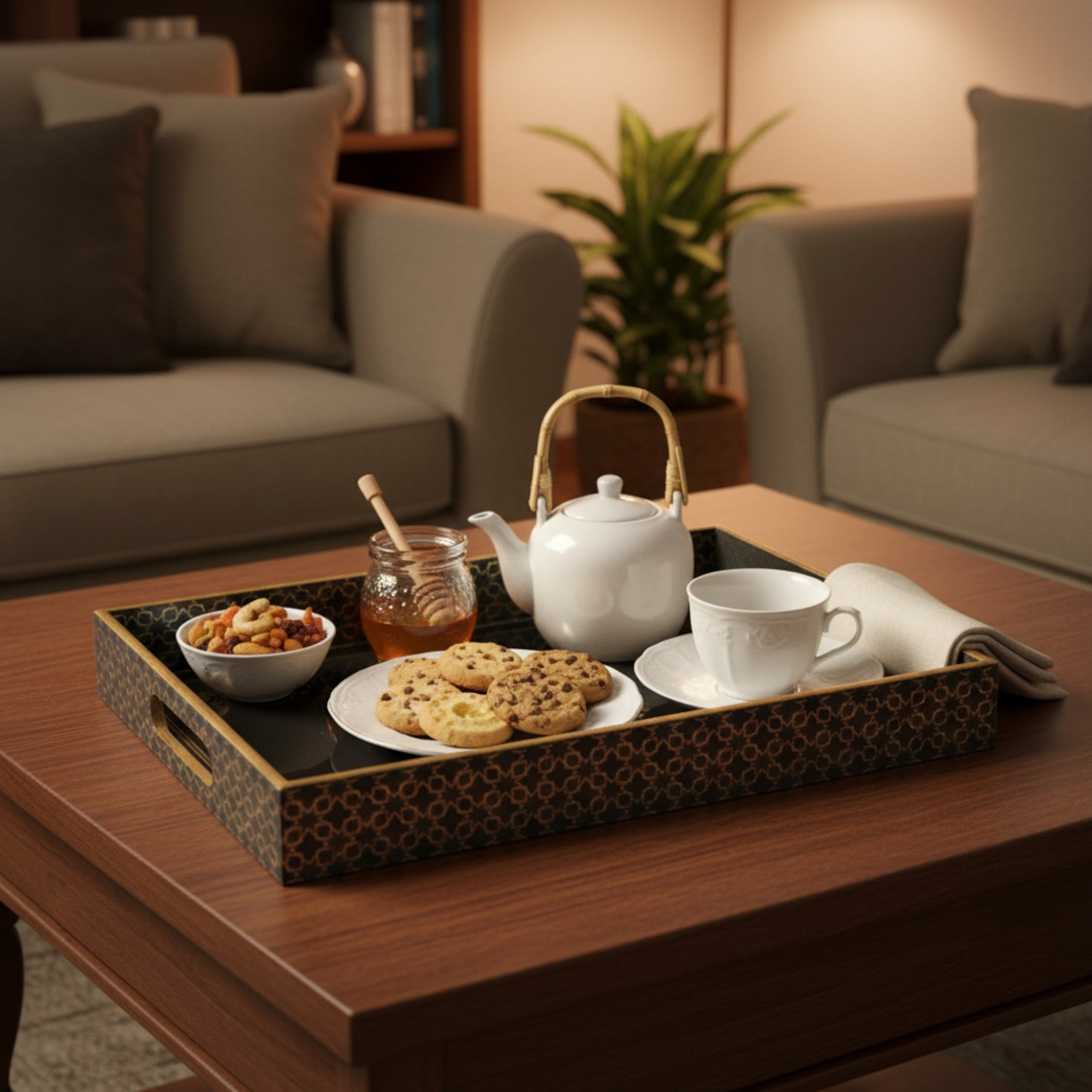 Golden Tree Tray Set, Black and Gold Pattern, 25x40x5 cm, Wooden Tea Coffee Snacks Storage Organiser, Oriental Design, 3-Piece Collection